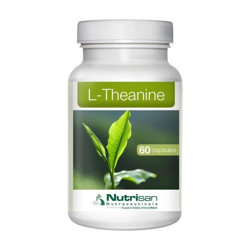 Flacon blanc de gélules L-Théanine. Inscription "L-Theanine" et "60 capsules". Logo Nutrisan.