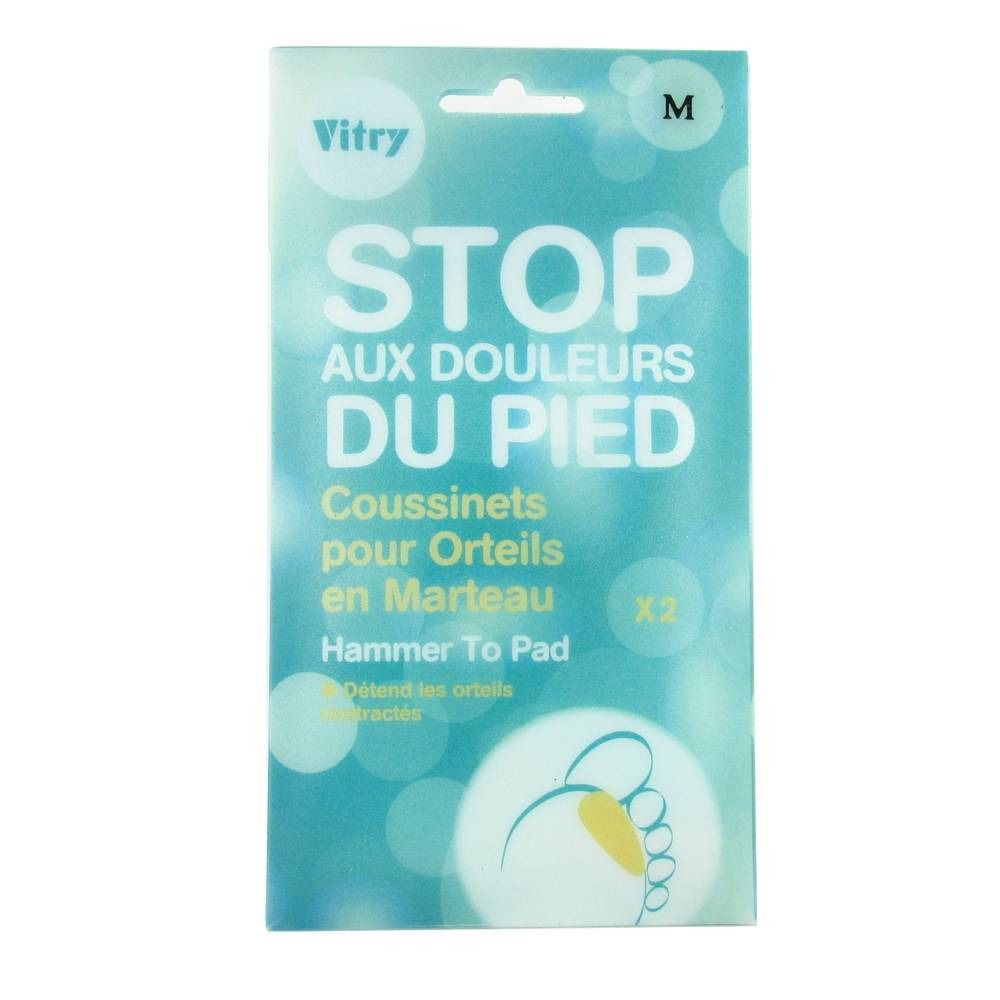 Emballage Vitry pour coussinets d'orteils en marteau. Texte: STOP AUX DOULEURS DU PIED. Taille M. Contient 2 coussinets.