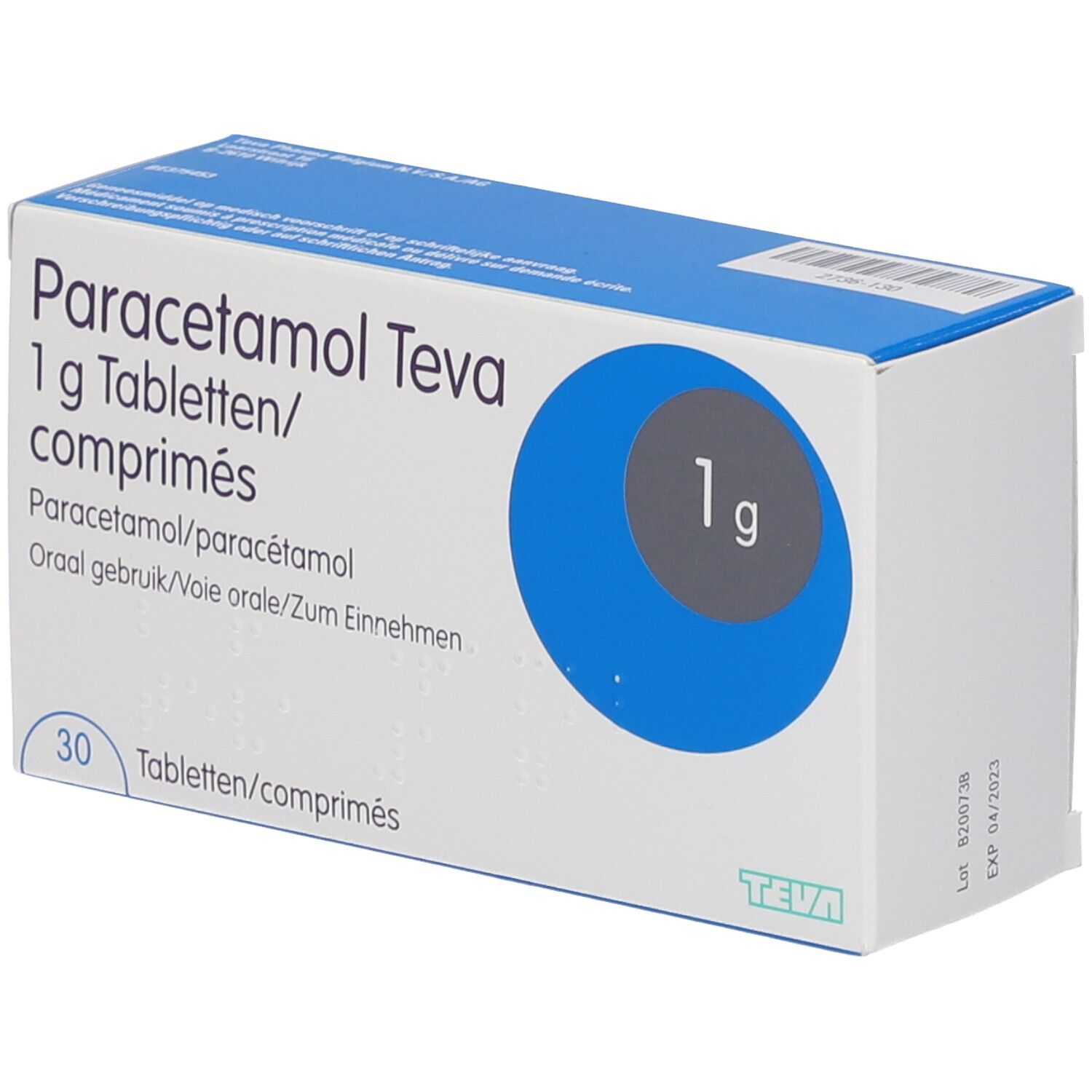 Verpakking Paracetamol Teva 1g tabletten/comprimés. Blauw-witte doos met productinfo en 30 tabletten.