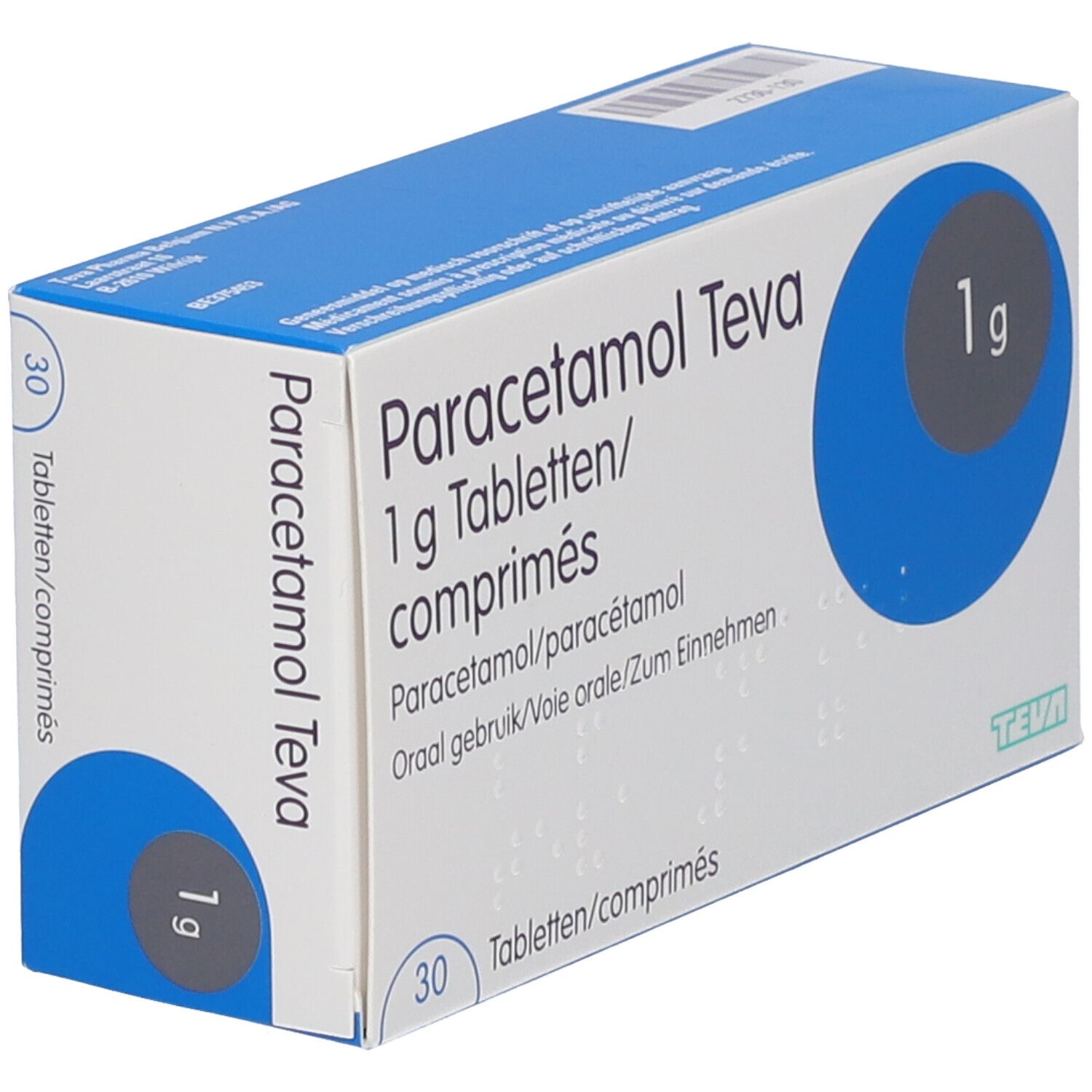 Verpakking Paracetamol Teva 1g tabletten/comprimés. Blauw-witte doos schuin, met productinformatie.