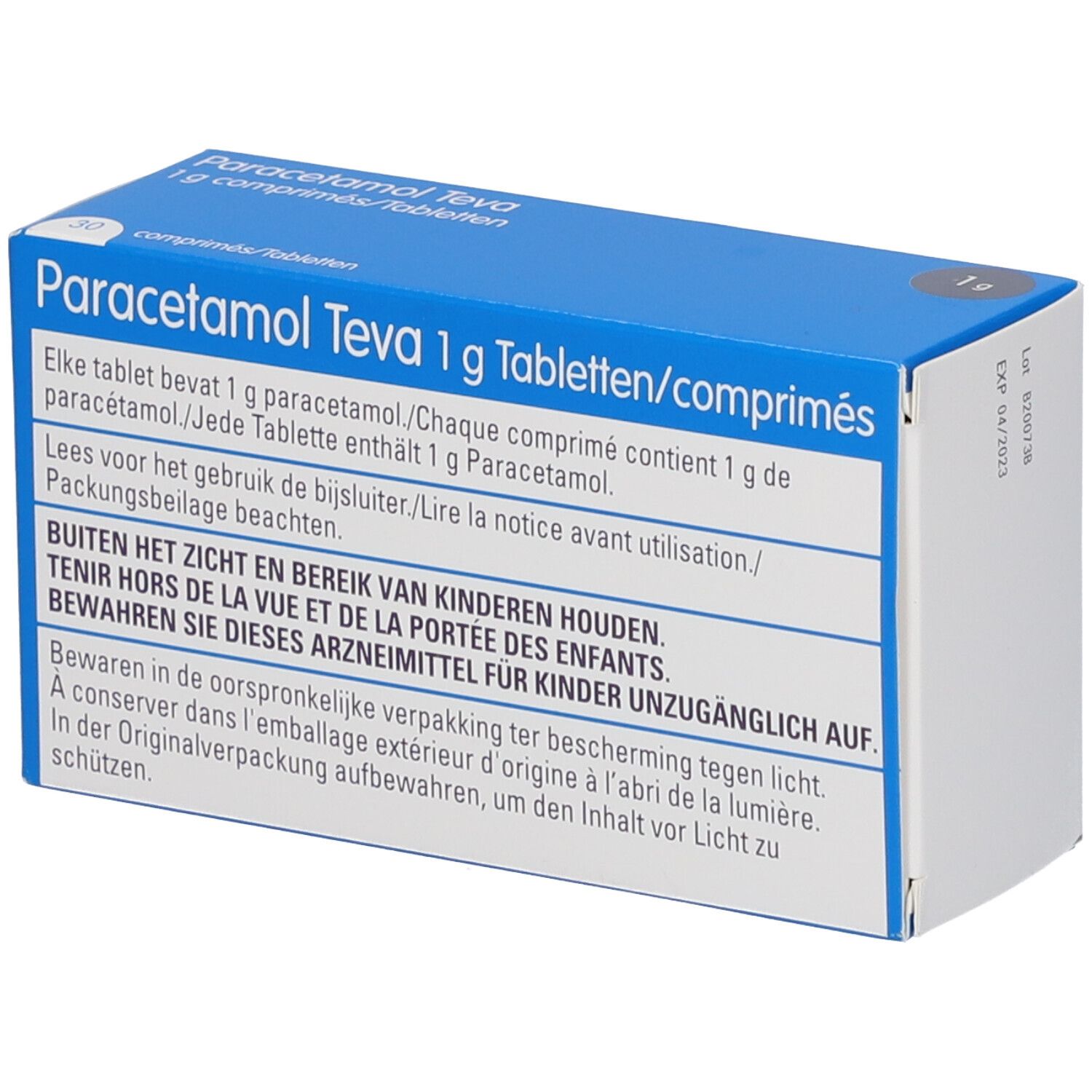 Achterkant verpakking Paracetamol Teva 1g tabletten/comprimés. Meertalige tekst, waarschuwingen en lotnummer.