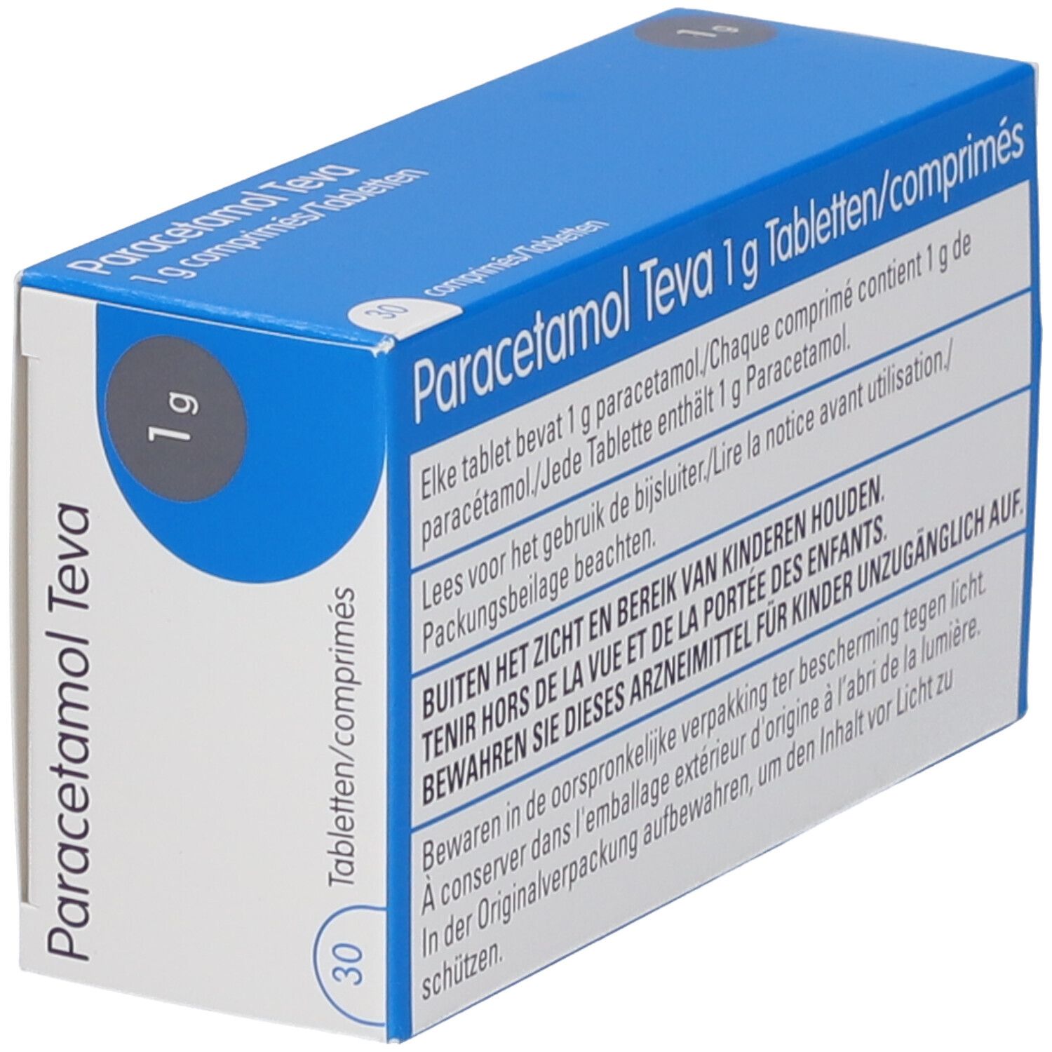 Achterkant verpakking Paracetamol Teva 1g tabletten/comprimés. Meertalige tekst, waarschuwingen en lotnummer.