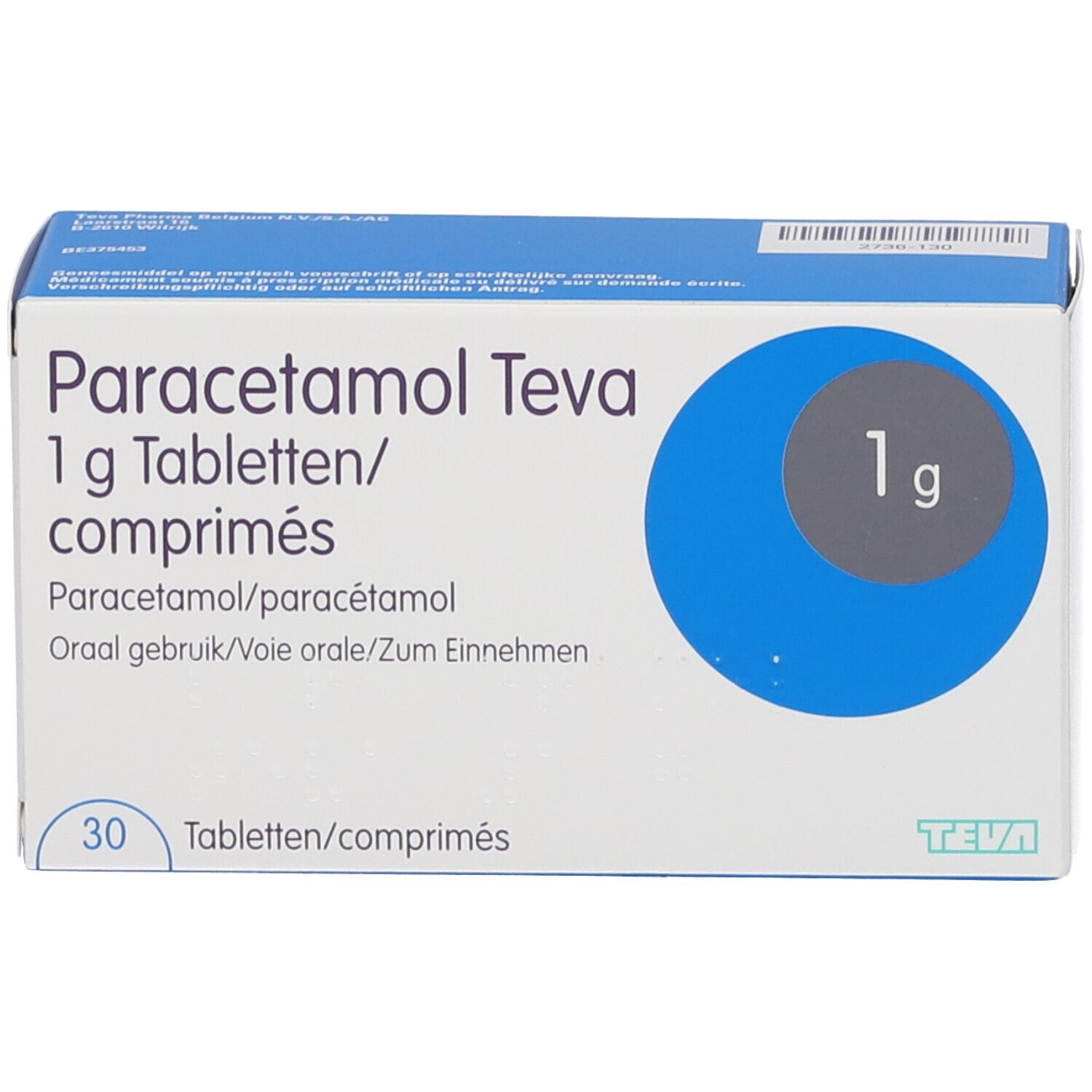 Verpakking Paracetamol Teva 1g tabletten/comprimés. Blauw-witte doos met productinfo en 30 tabletten.