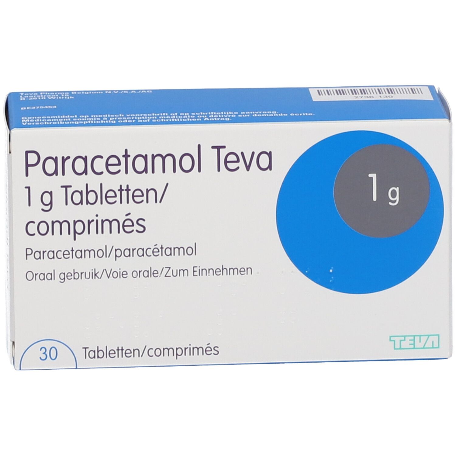 Verpakking Paracetamol Teva 1g tabletten/comprimés. Blauw-witte doos met productinfo en 30 tabletten.