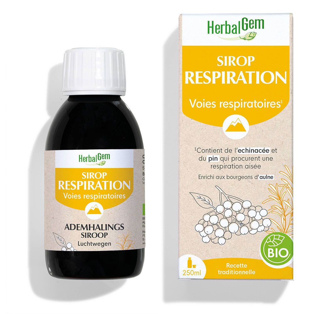 Bruine fles met witte dop. Etiket met tekst en logo. Bio-certificering. Doos ernaast.