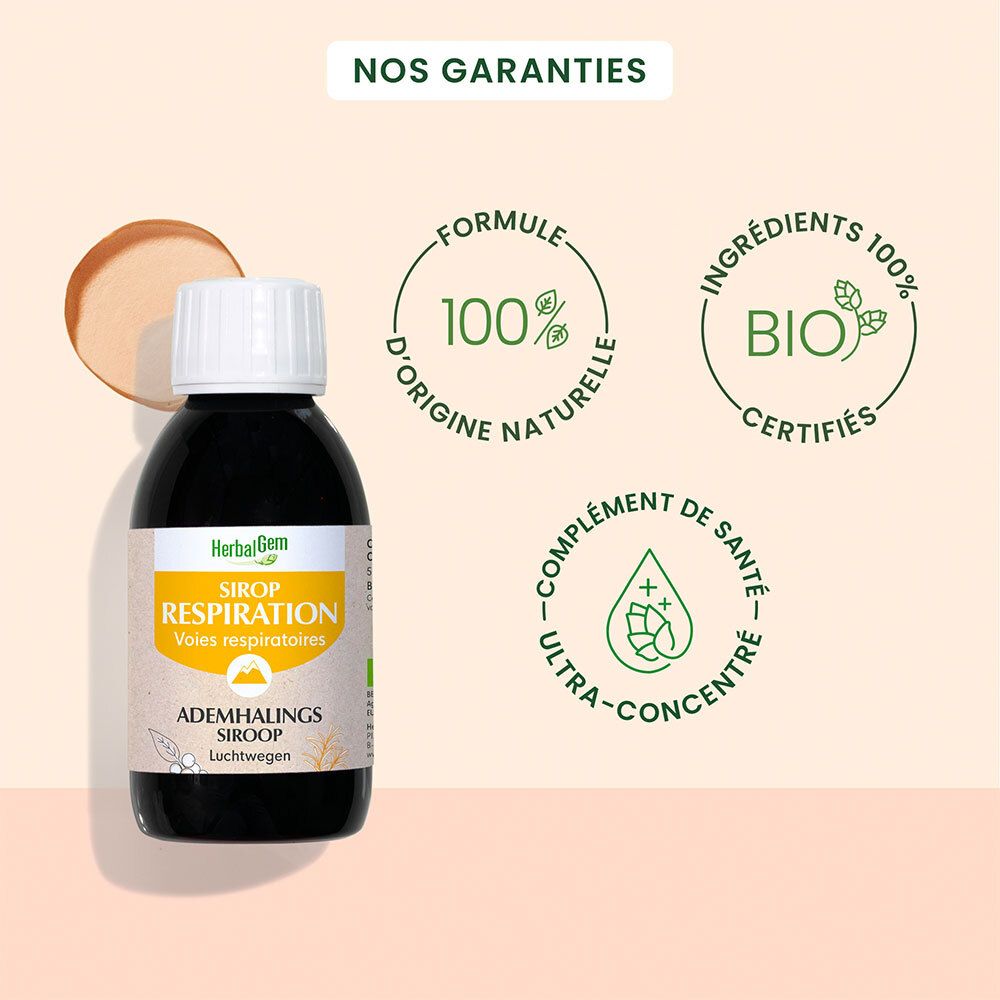 Bruine fles, witte dop. Etiket met tekst en logo. Bio-certificering. 100% natuurlijke ingrediënten.
