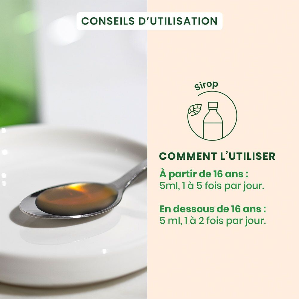 Cuillère avec liquide. Exemples d'utilisation. Dès 16 ans: 5 ml, 1 à 5 fois par jour. Moins de 16 ans: 5 ml, 1 à 2 fois par jour.
