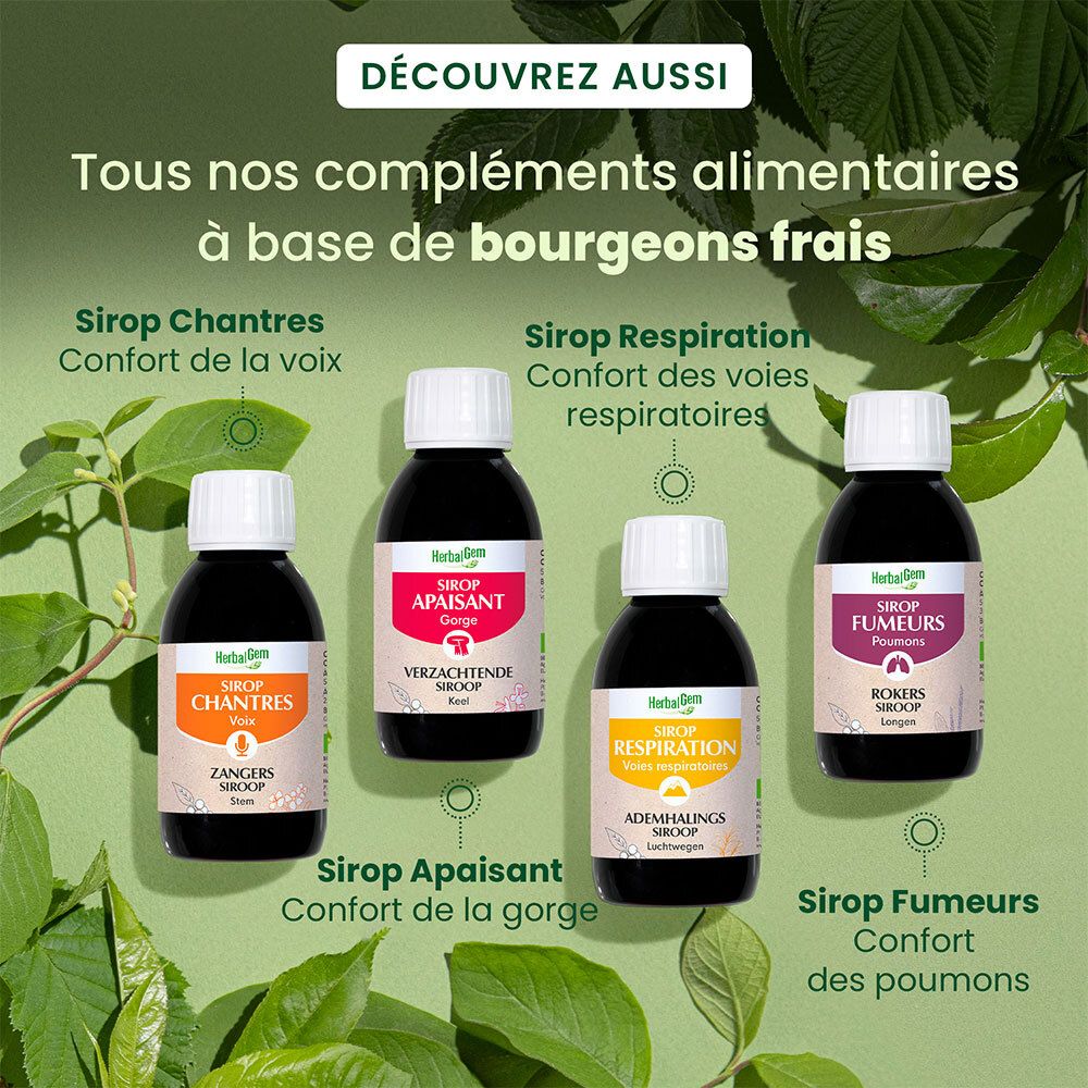 Vier flessen met verschillende etiketten. Verschillende smaken. Merk Herbalgem. Op basis van verse knoppen.