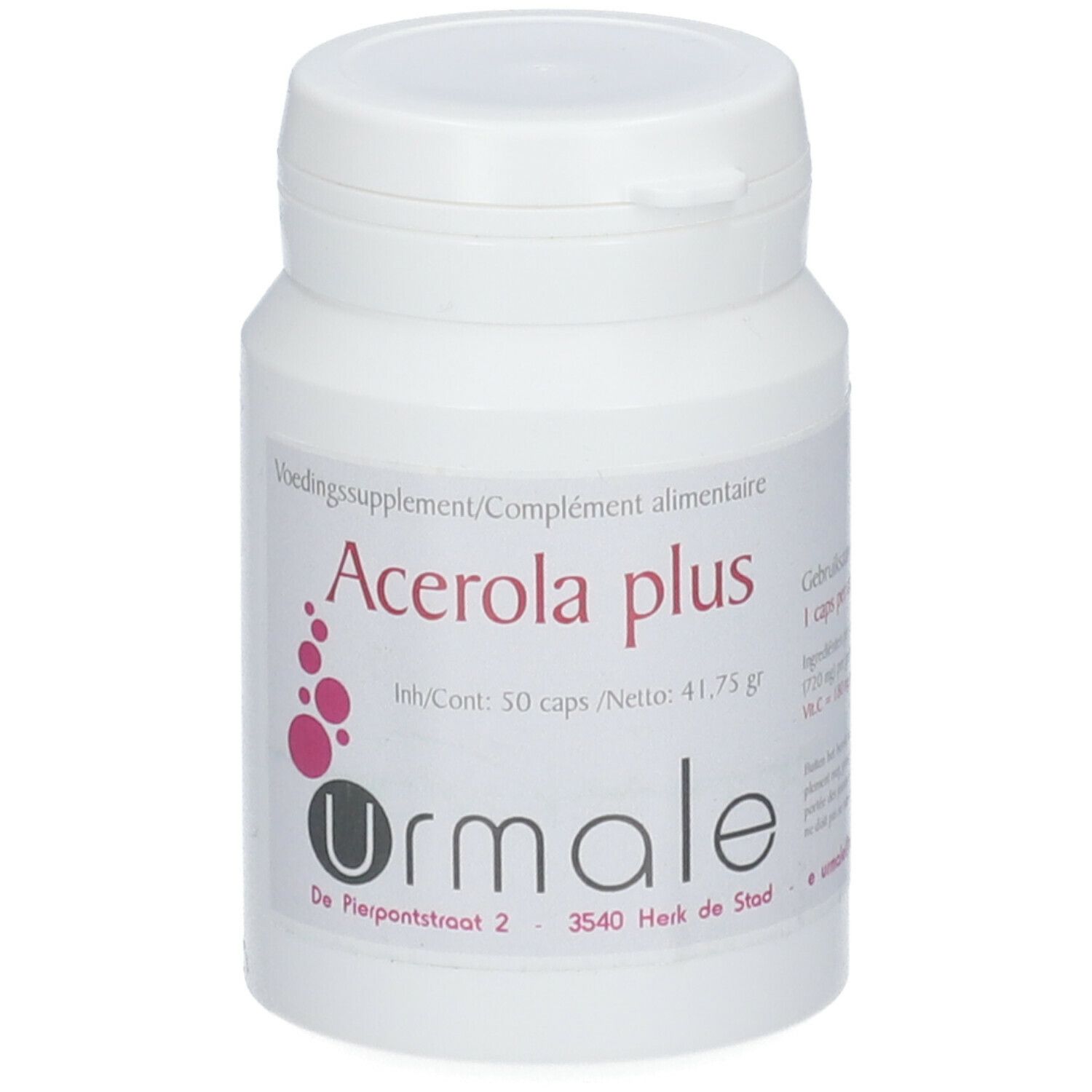Flacon blanc avec étiquette "Acerola plus". Contient 50 gélules. Marque : Urmale.