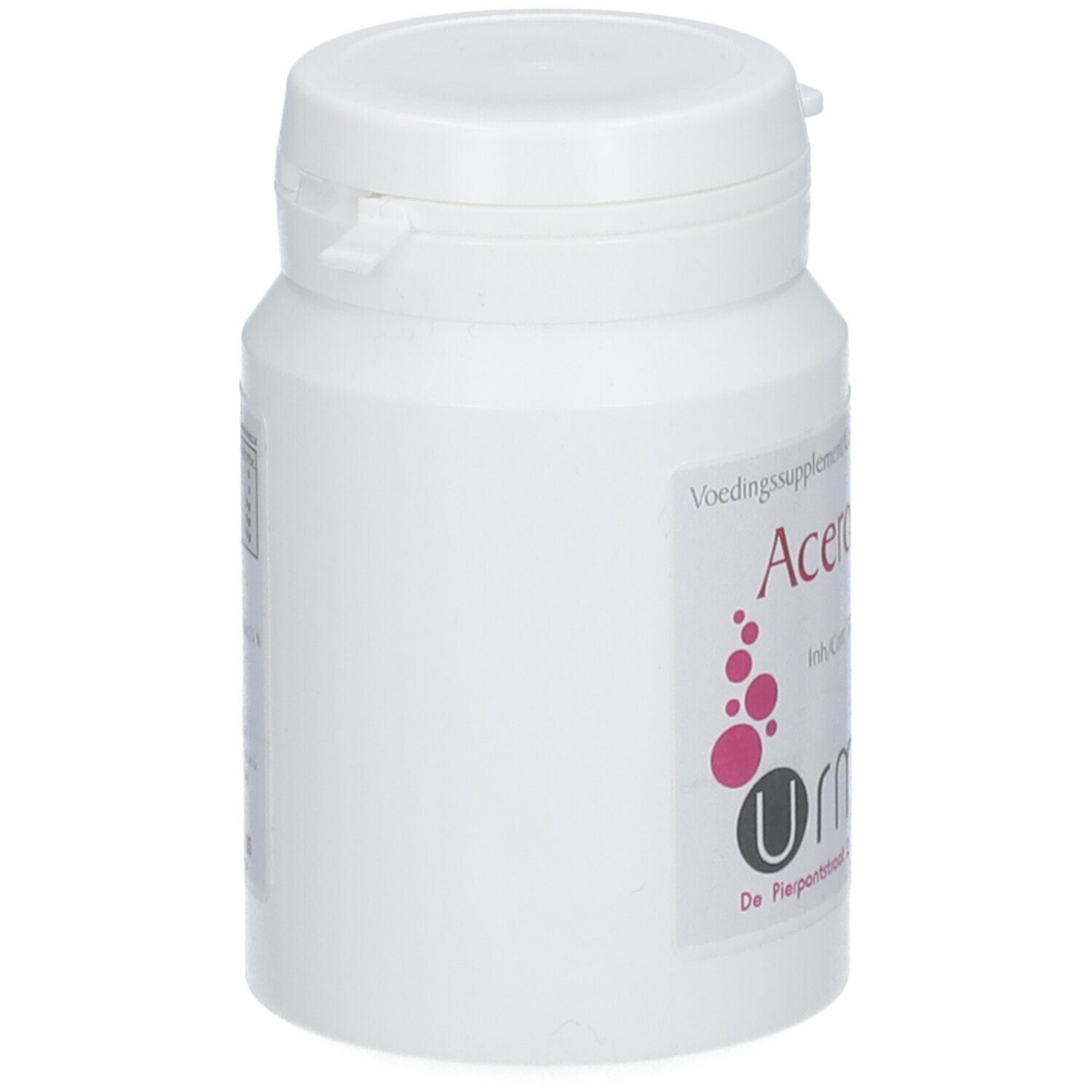 Flacon blanc avec étiquette "Acerola plus". Marque : Urmale. Dos avec texte.