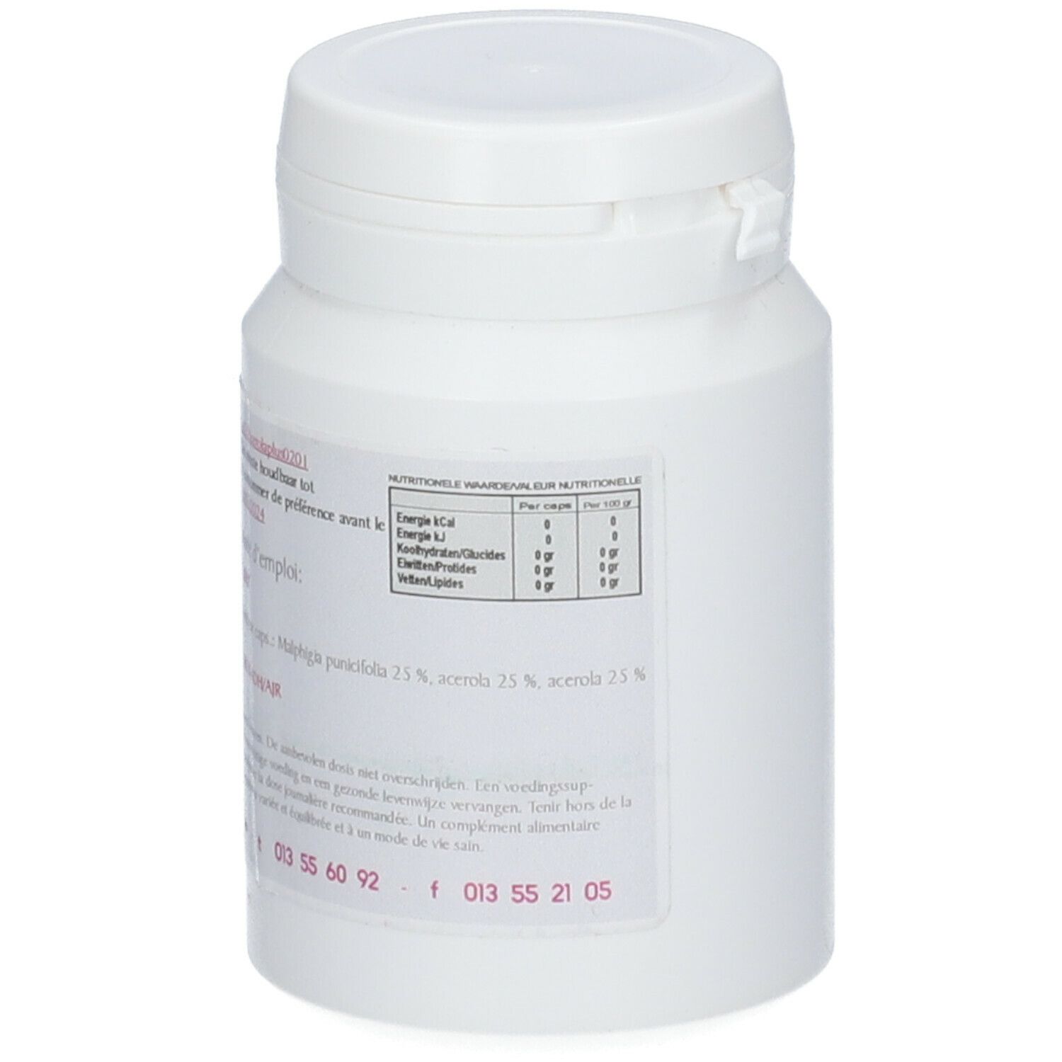 Flacon blanc avec texte et informations nutritionnelles. Marque : Urmale.