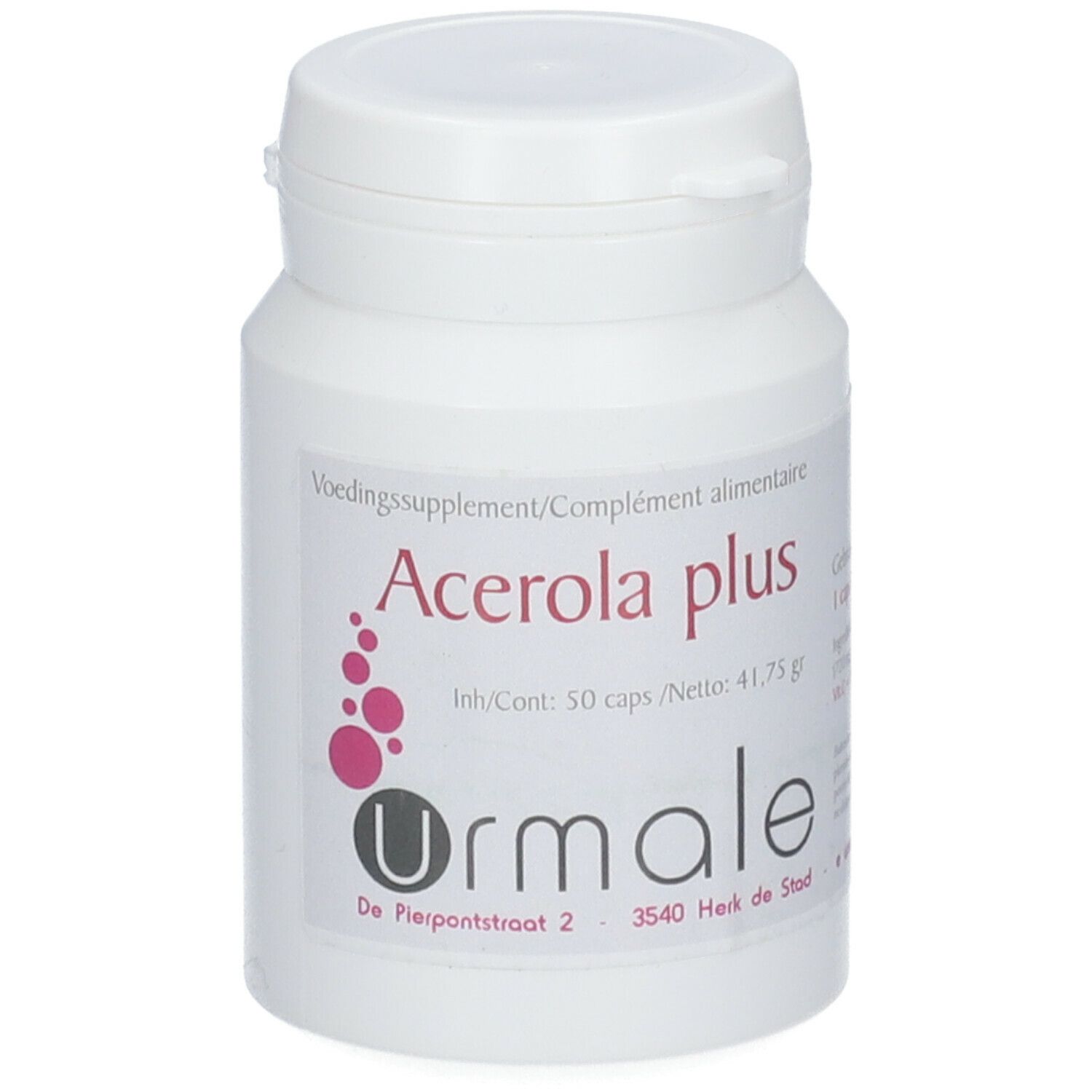 Flacon blanc avec étiquette "Acerola plus". Marque : Urmale. 50 gélules.
