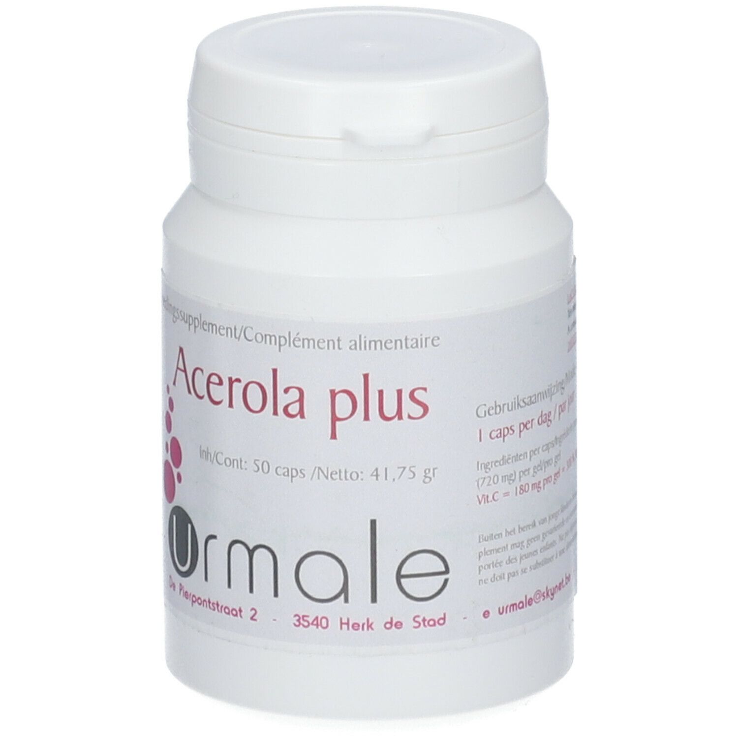 Flacon blanc avec étiquette "Acerola plus". Marque : Urmale. 30 gélules.