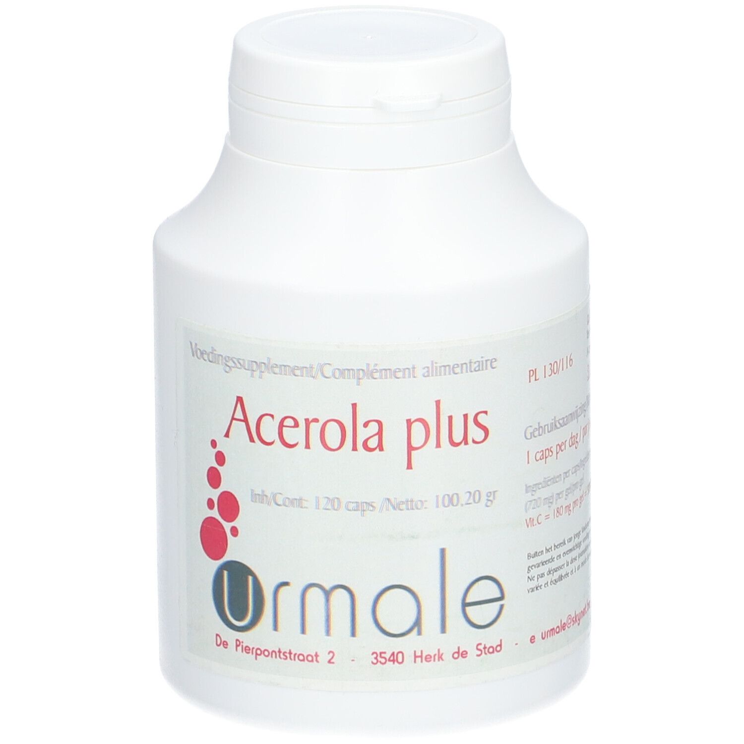 Flacon blanc avec inscription Acerola plus et Urmale. Contient 120 gélules. Étiquette avec informations.