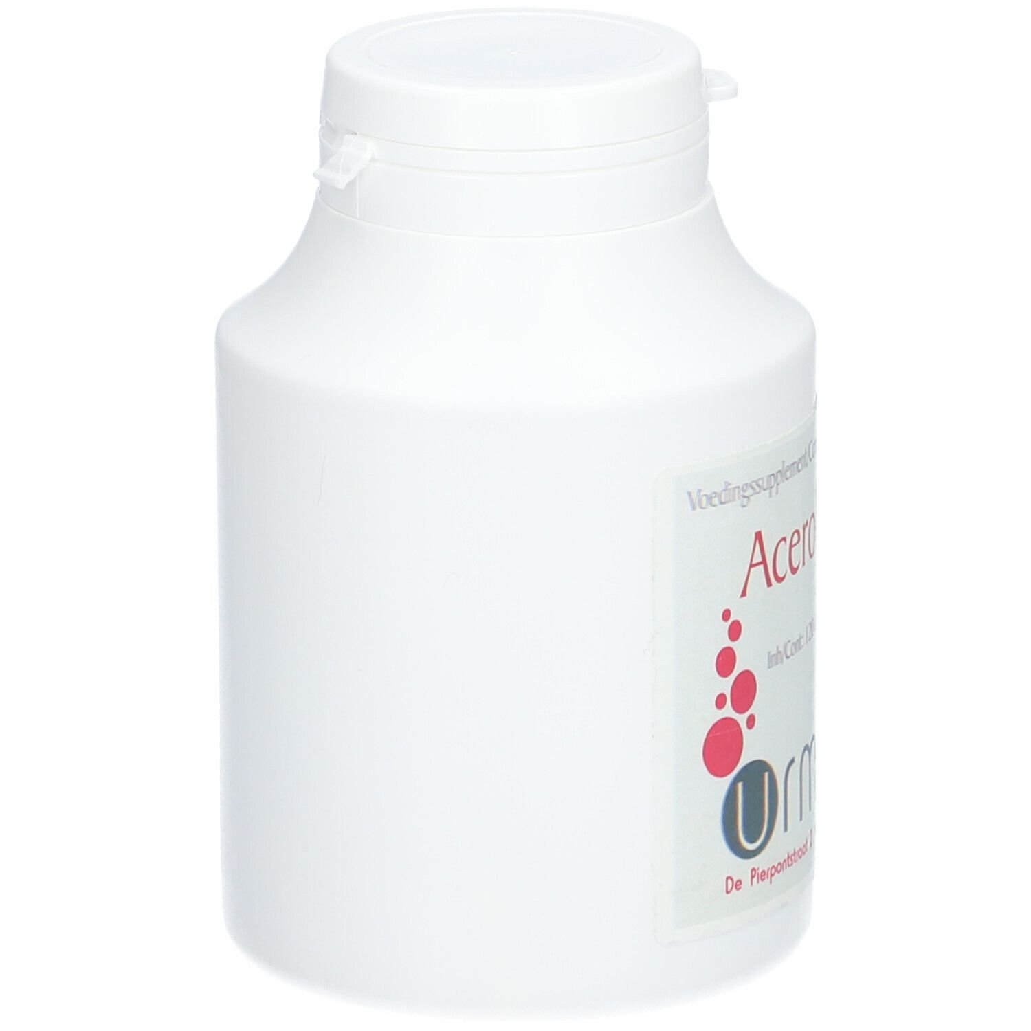 Flacon blanc avec bouchon. Autocollant avec design rouge et inscription. Logo Urmale visible.