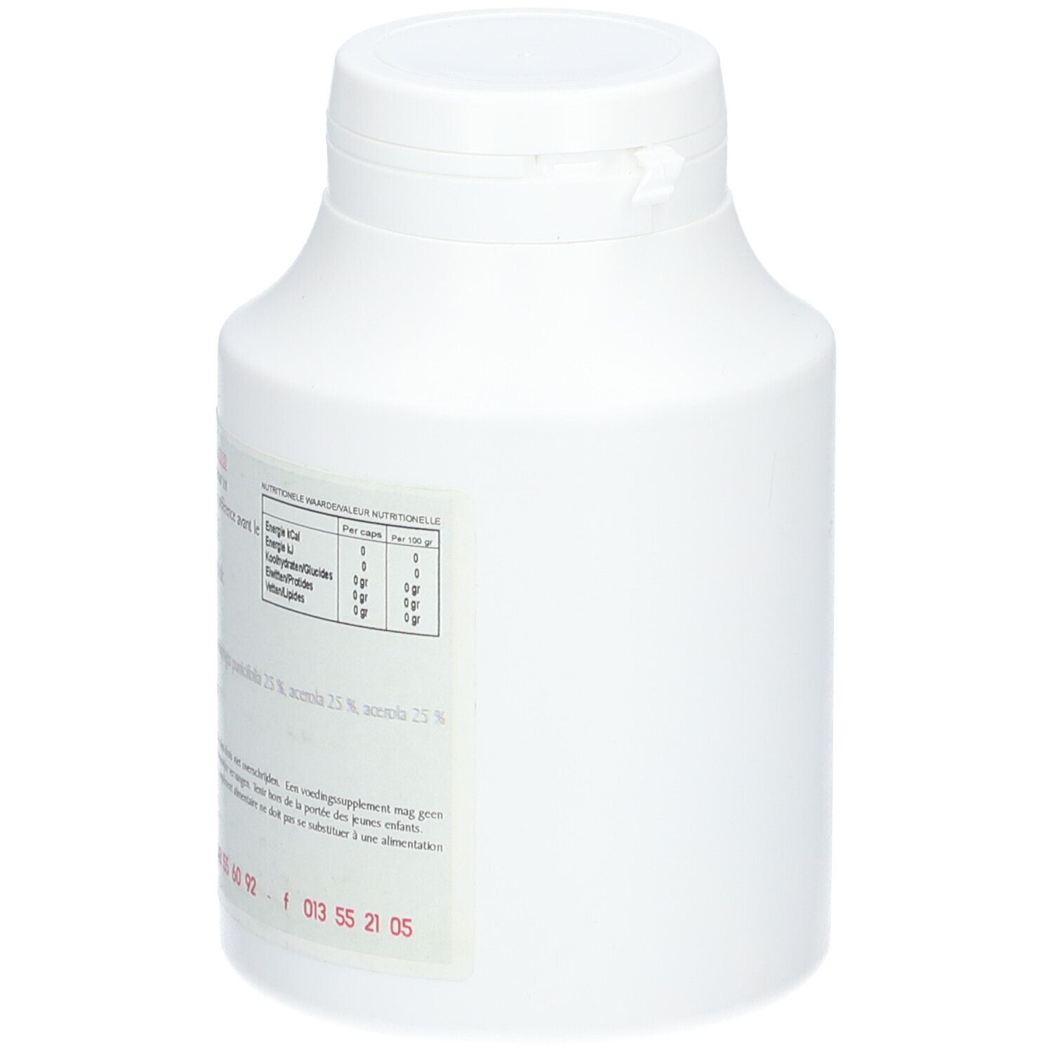 Flacon blanc avec bouchon. Autocollant avec texte et informations nutritionnelles. Logo Urmale non visible.