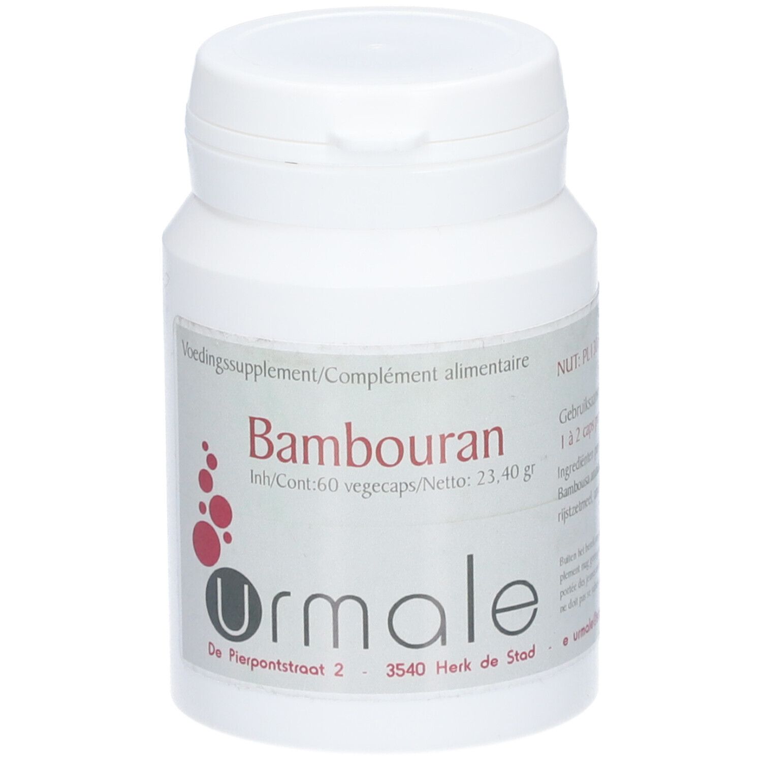 Flacon blanc avec étiquette rouge et blanche. Inscription: Bambouran, Urmale. Contient 60 gélules.
