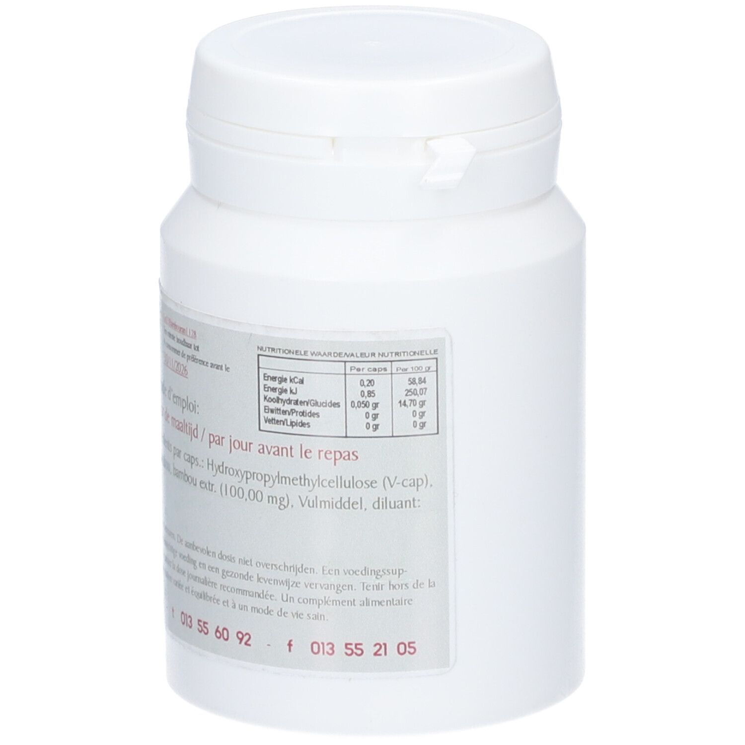 Flacon blanc avec étiquette. Inscription: Informations nutritionnelles, ingrédients. Texte en allemand, français et néerlandais.