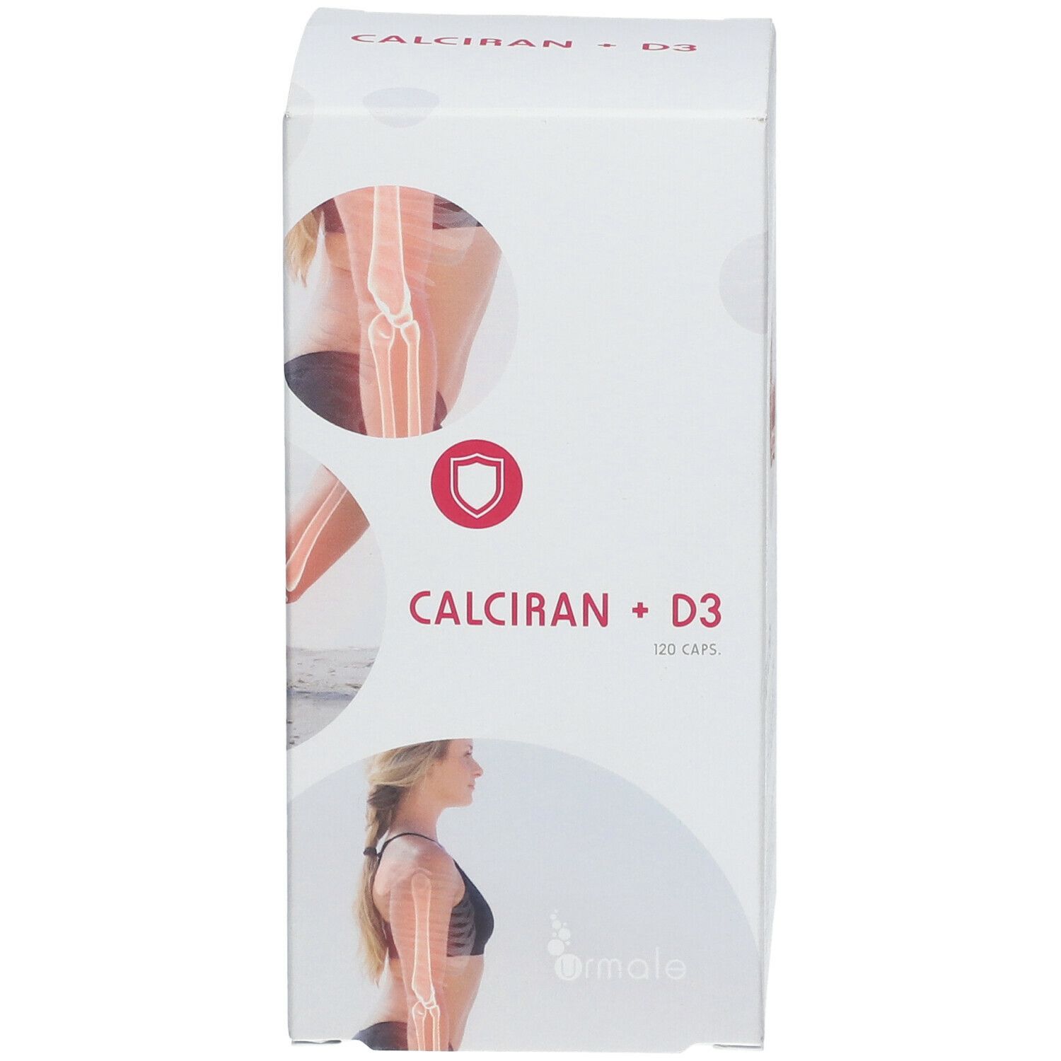 Boîte blanche "CALCIRAN + D3" avec illustrations. Marque: urmale. 120 capsules.