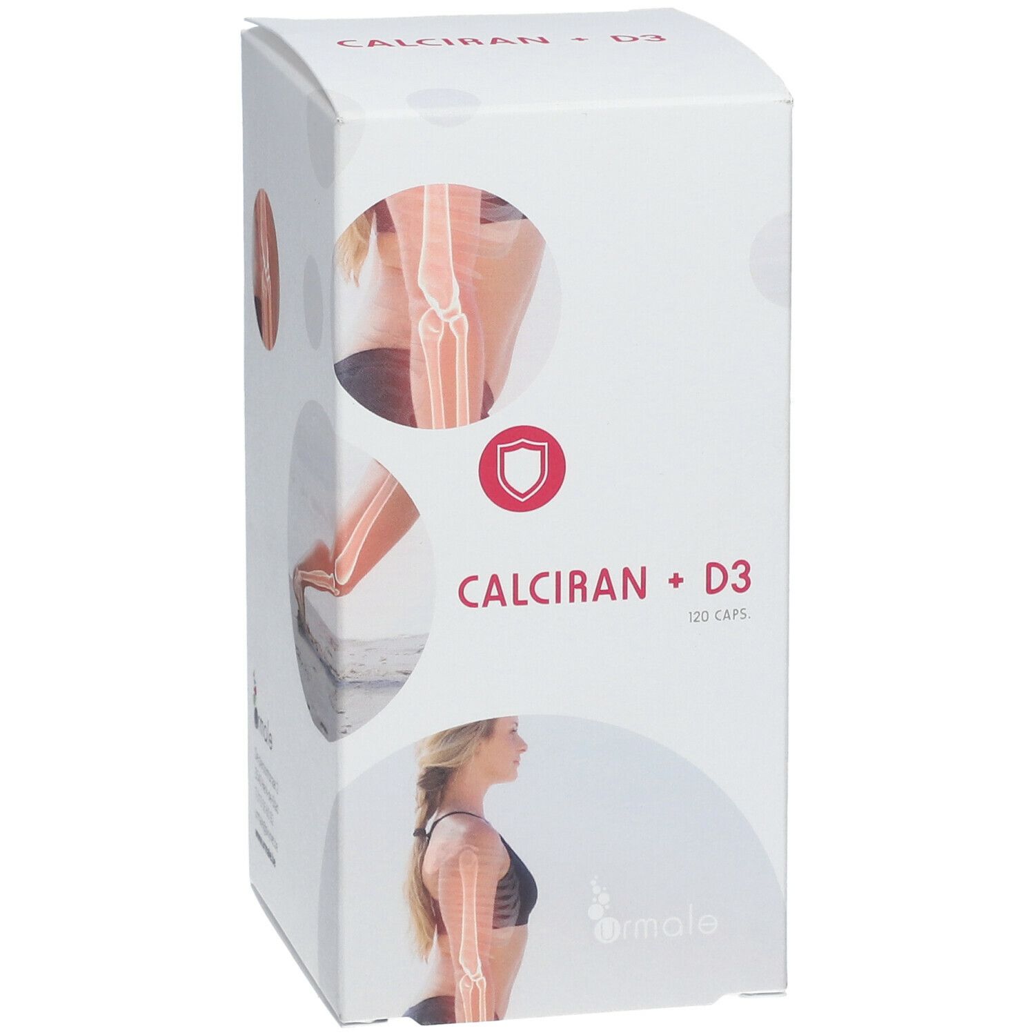 Boîte blanche "CALCIRAN + D3" avec illustrations. Marque: urmale. 120 capsules.