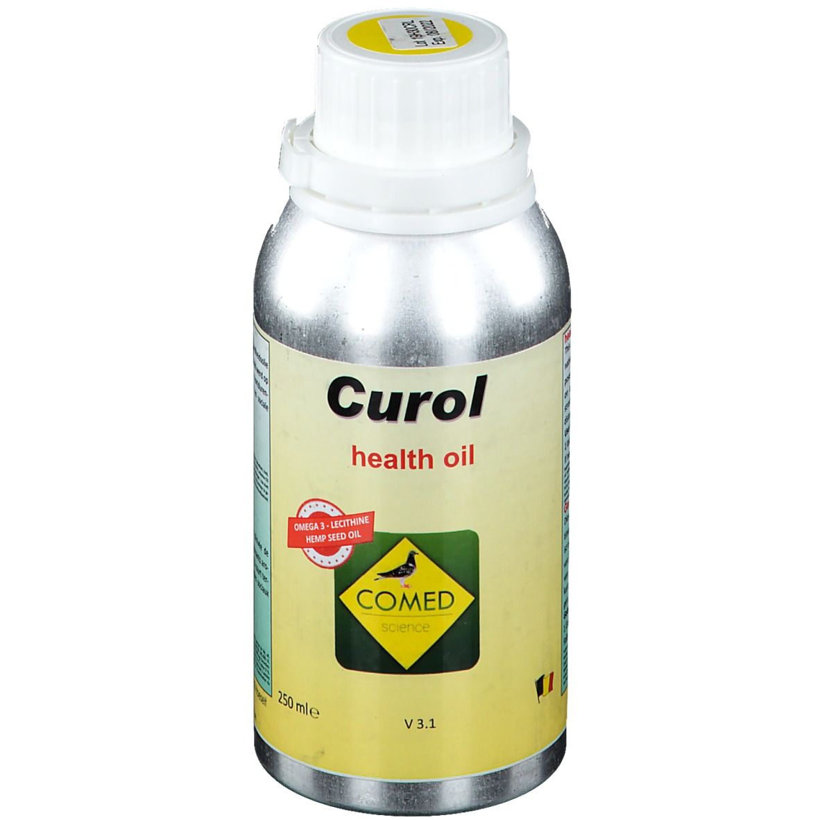 Flacon argenté avec bouchon blanc. Inscription: Curol health oil. Logo: COMED SCIENCE. Contient Oméga 3, lécithine, huile de graines de chanvre.