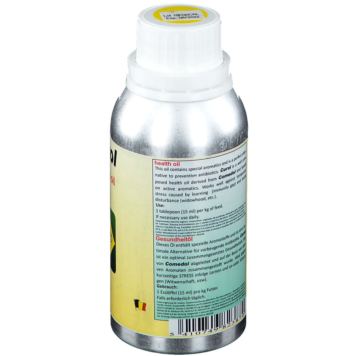 Dos du flacon argenté. Texte: Huile de santé. Contient des arômes spéciaux. Utilisation: 1 cuillère à soupe (15 ml) par kg d'aliment.