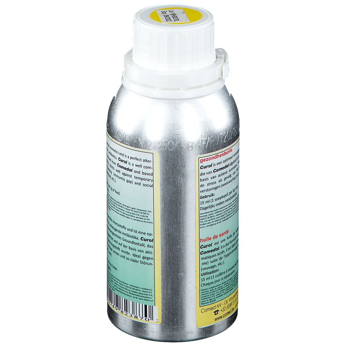 Dos du flacon argenté. Texte: Huile de santé. Contient des arômes spéciaux. Utilisation: 1 cuillère à soupe (15 ml) par kg d'aliment.