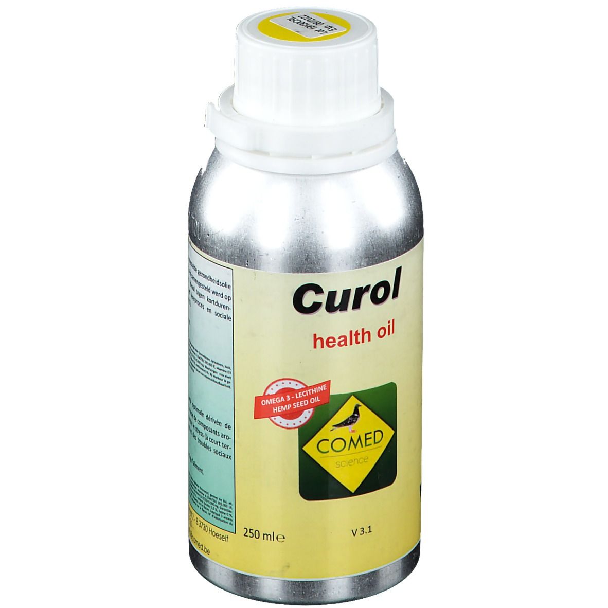 Flacon argenté avec bouchon blanc. Inscription: Curol health oil. Logo: COMED SCIENCE. Contient Oméga 3, lécithine, huile de graines de chanvre.