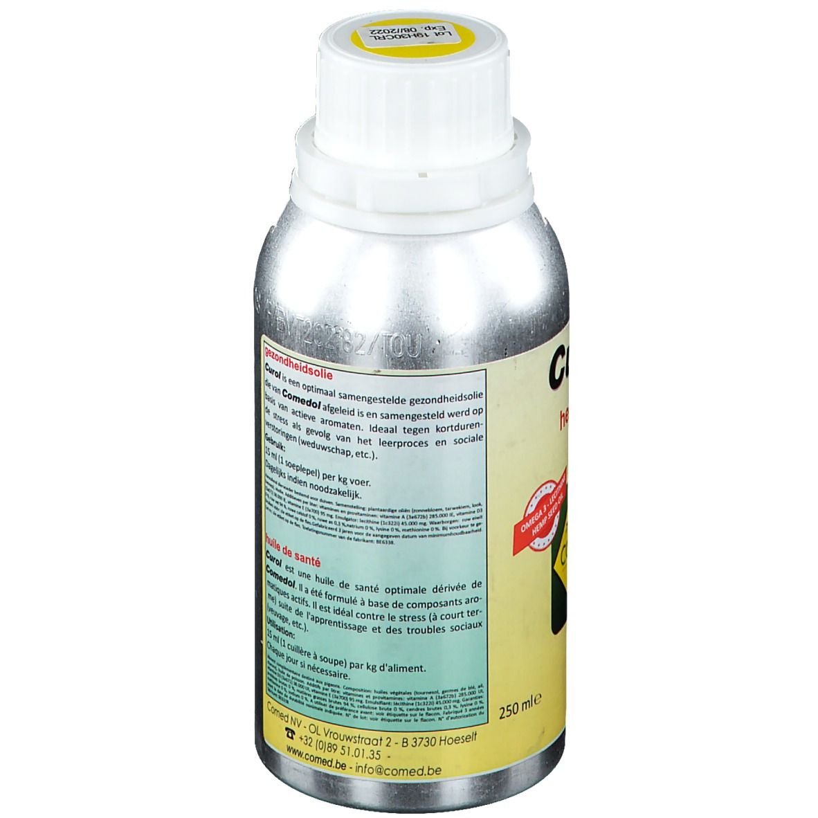 Dos du flacon argenté. Texte: Huile de santé. Contient des arômes spéciaux. Utilisation: 1 cuillère à soupe (15 ml) par kg d'aliment.