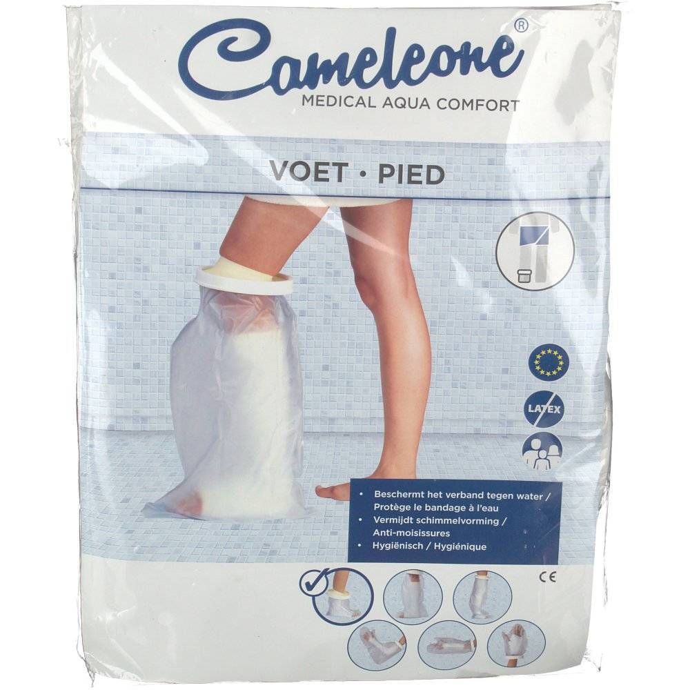 Transparante verpakking met beenmodel. Productnaam: Cameleone. Tekst: VOET PIED. Latex logo. CE-markering.