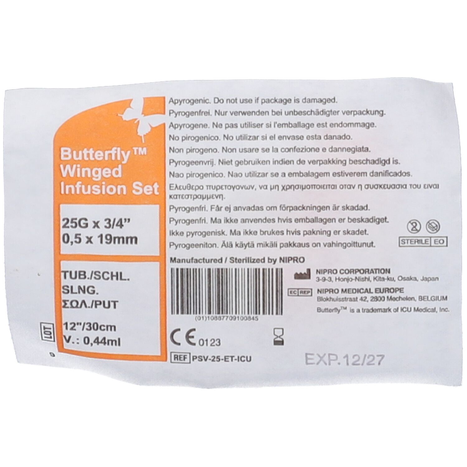 Emballage du set de perfusion. Nom du produit, dimensions, marquage stérile, informations fabricant, date d'expiration.