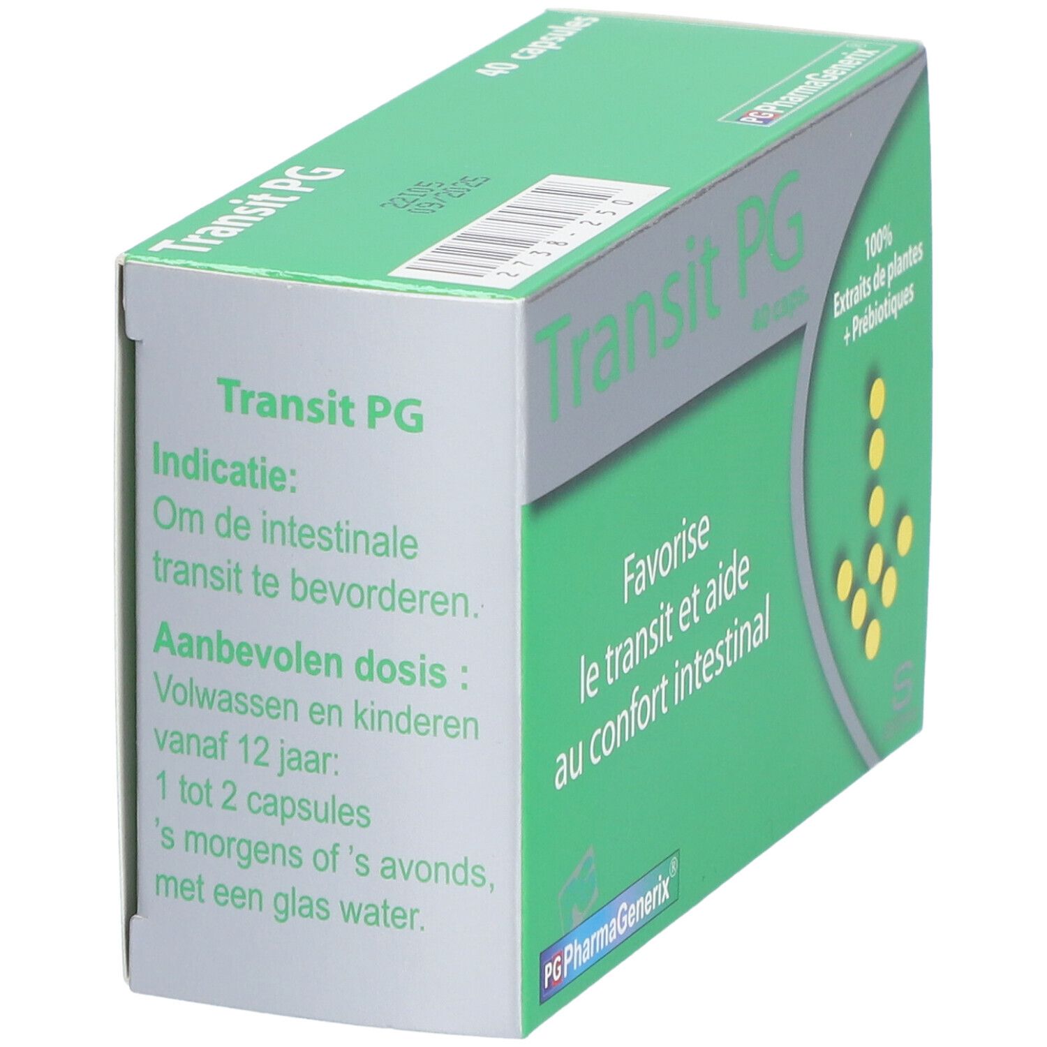 Boîte "Transit PG". Texte: "Om de intestinale transit te bevorderen". Posologie: 1-2 gélules matin ou soir.