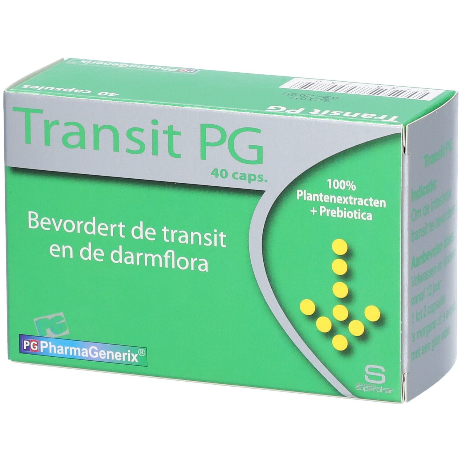 Boîte verte "Transit PG", 40 capsules. Texte: "Bevordert de transit en de darmflora". Ingrédients et logo.
