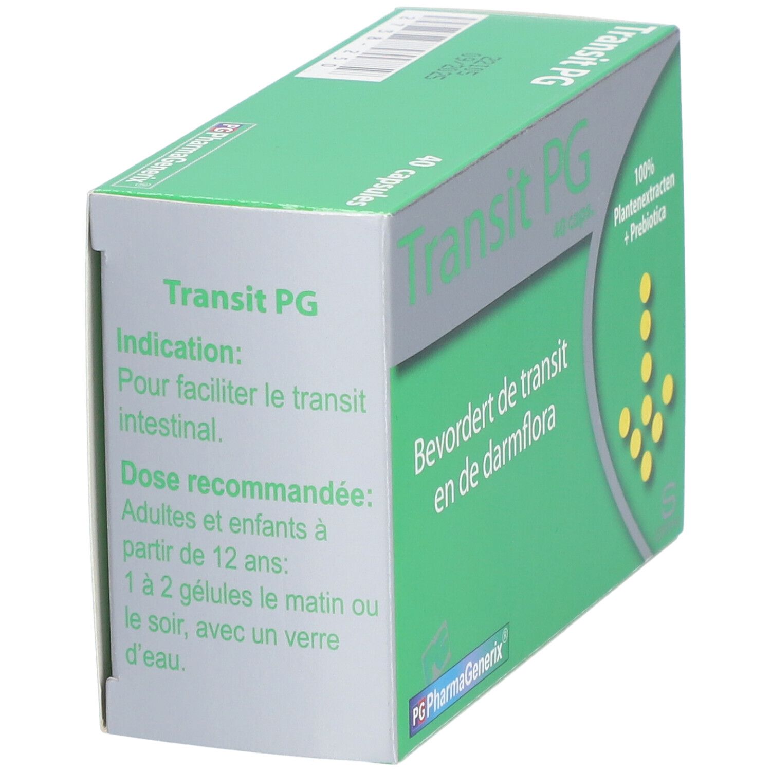 Boîte "Transit PG". Texte: "Pour faciliter le transit intestinal". Posologie: 1-2 gélules matin ou soir.