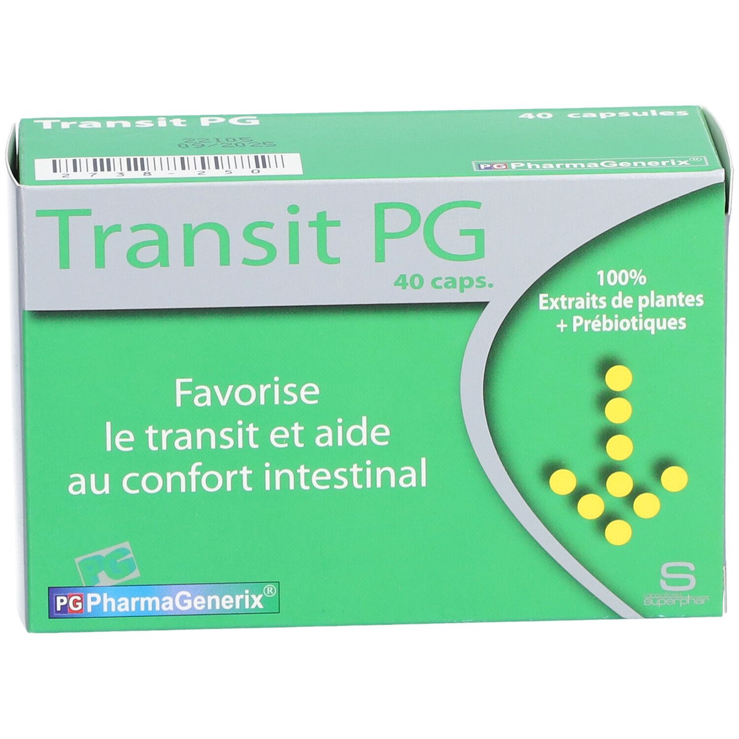 Boîte verte "Transit PG", 40 capsules. Texte: "Favorise le transit et aide au confort intestinal". Ingrédients et logo.