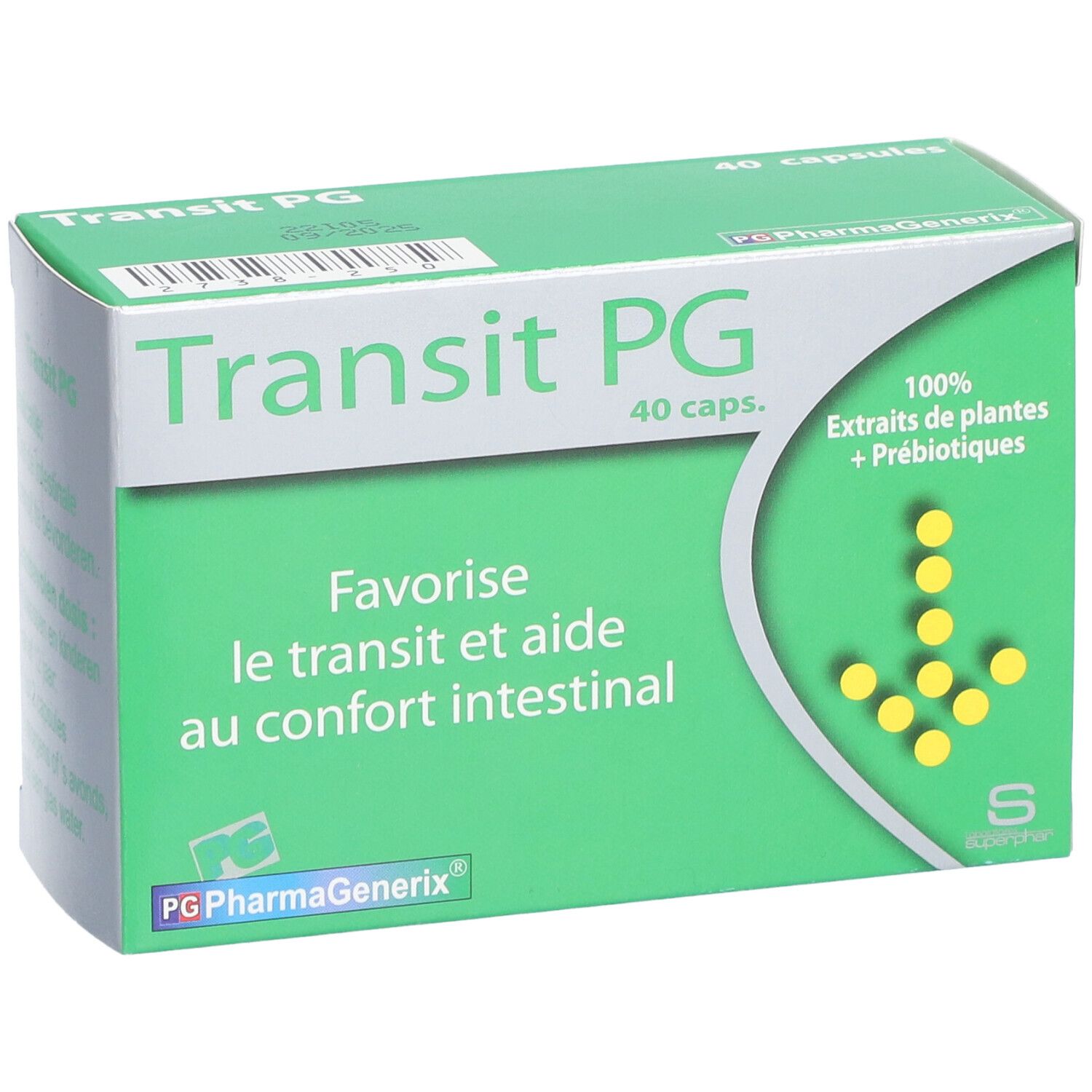 Boîte verte "Transit PG", 40 capsules. Texte: "Favorise le transit et aide au confort intestinal". Ingrédients et logo.