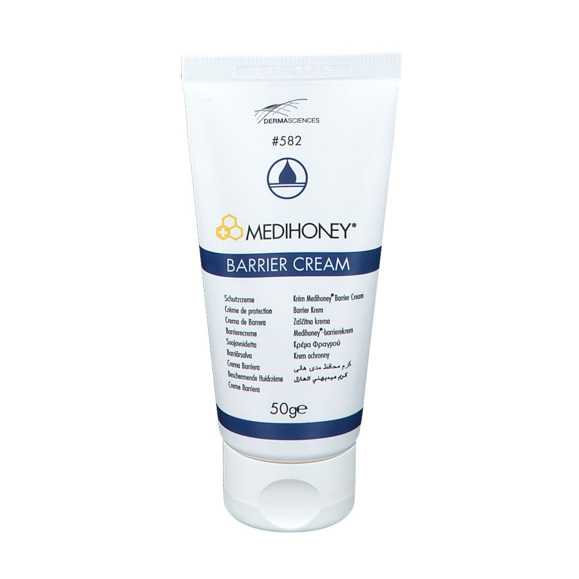 Tube blanc avec bande bleue. Inscription: MEDIHONEY Barrier Cream. Logo et texte multilingue. 50g.
