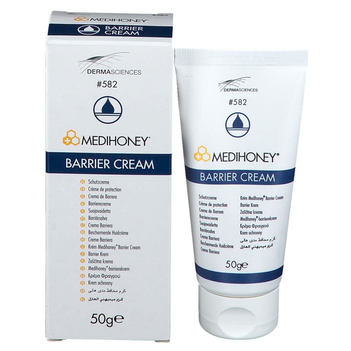 Emballage du produit avec tube et boîte. Tube: MEDIHONEY Barrier Cream. Boîte: Logo, texte multilingue. 50g.