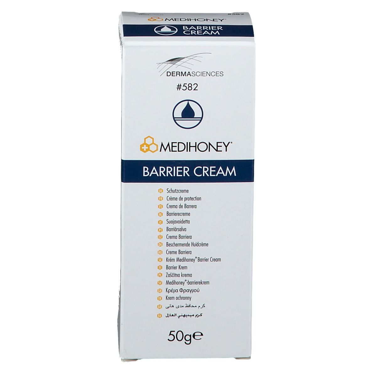 Boîte blanche avec bande bleue. Inscription: MEDIHONEY Barrier Cream. Logo et texte multilingue. 50g.