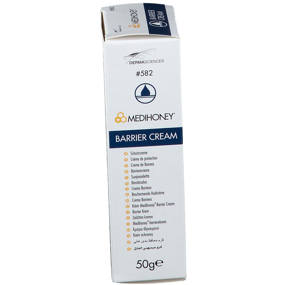 Boîte, vue en biais. Inscription: MEDIHONEY Barrier Cream. Logo et texte multilingue. 50g.