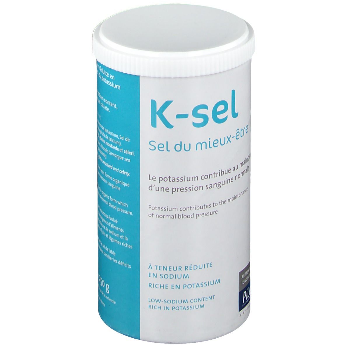 Boîte cylindrique K-sel avec couvercle blanc. Inscription: K-sel, Sel du mieux-être. Texte: Teneur réduite en sodium, riche en potassium. Poids net: 50 g.