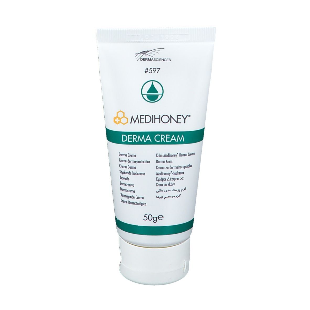 Tube blanc avec bande verte. Logo MEDIHONEY DERMA CREAM. Texte multilingue. 50g.