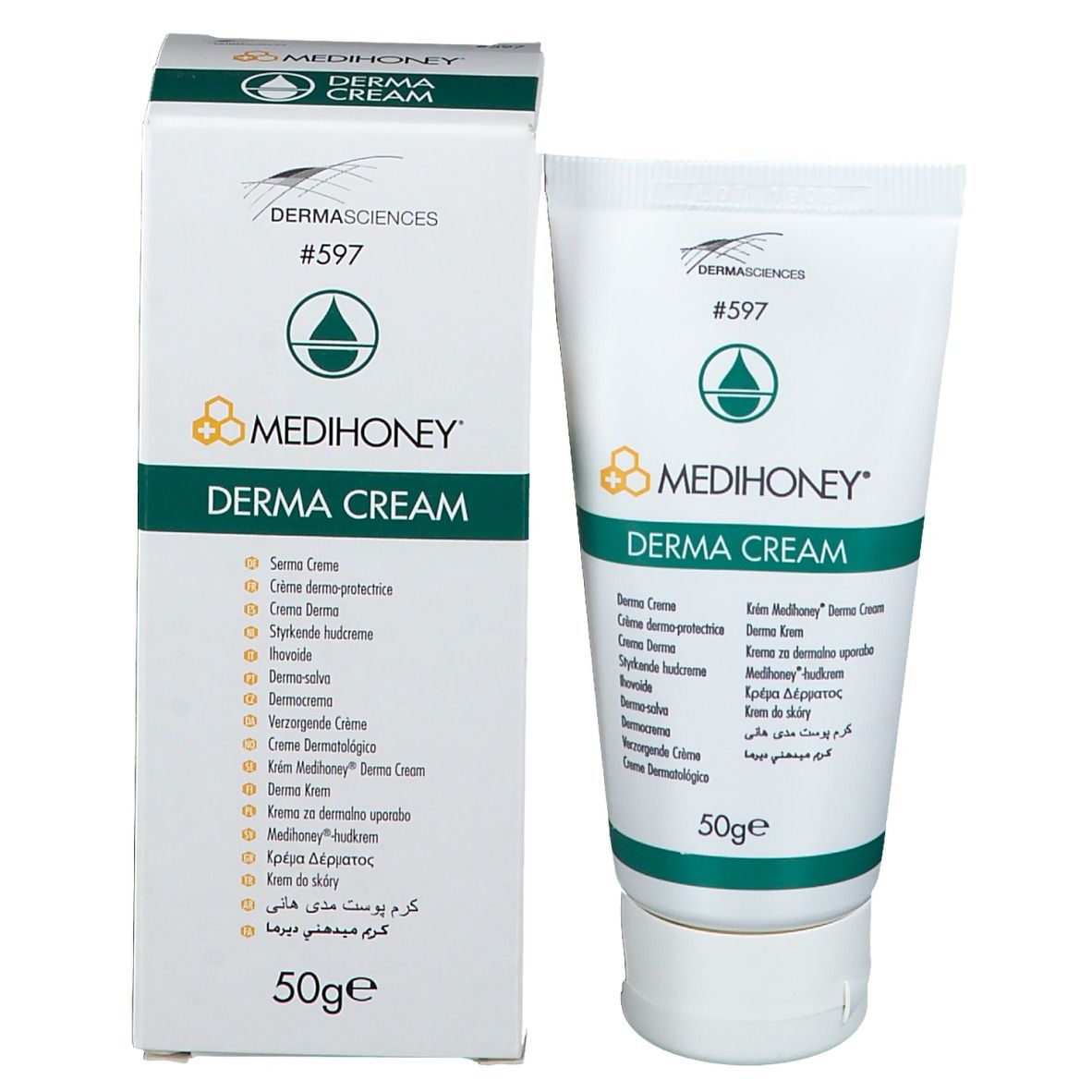 Tube et boîte MEDIHONEY DERMA CREAM. Tube : blanc, vert. Boîte : blanc, vert. Texte multilingue.