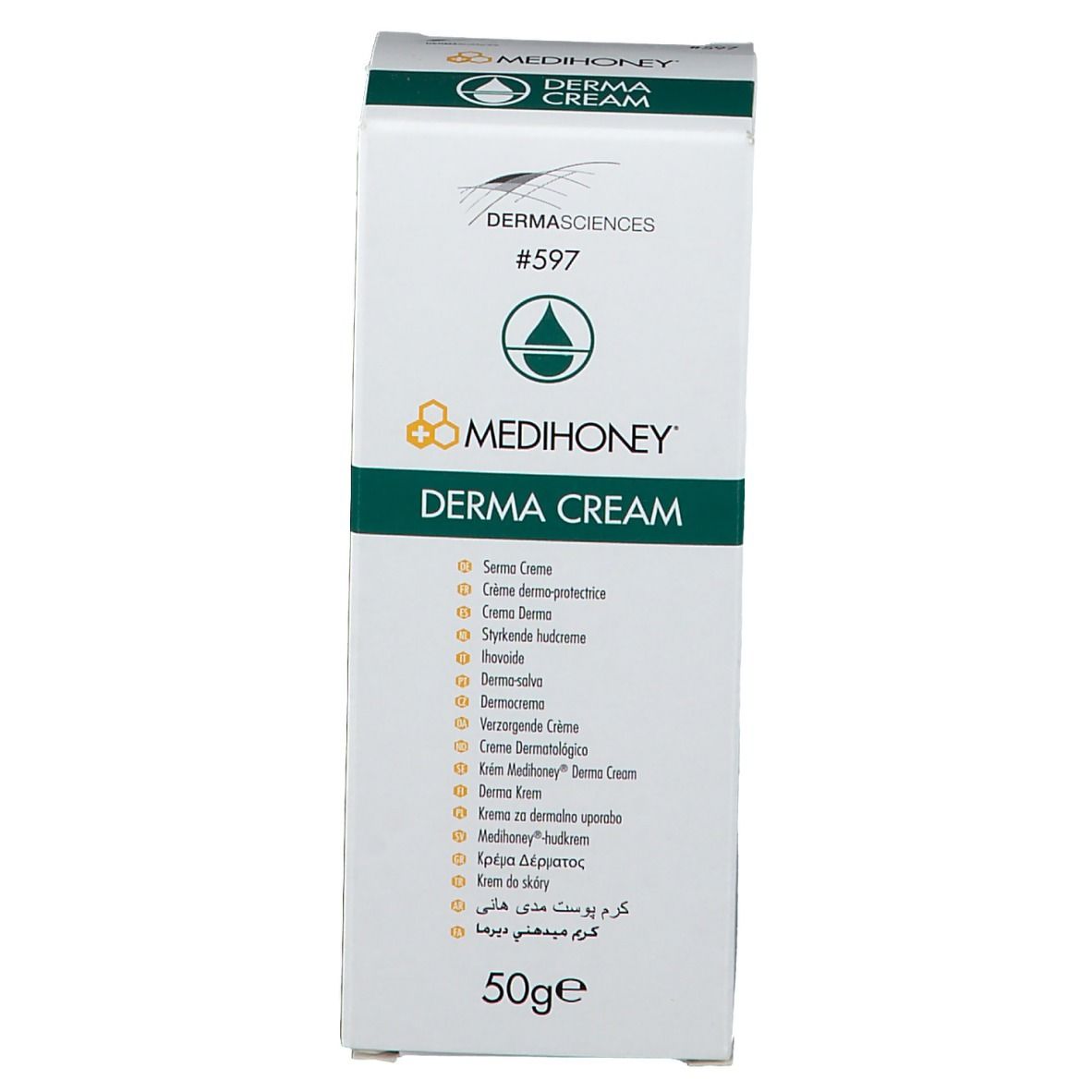 Boîte blanche avec couvercle vert. Logo MEDIHONEY DERMA CREAM. Texte multilingue. 50g.