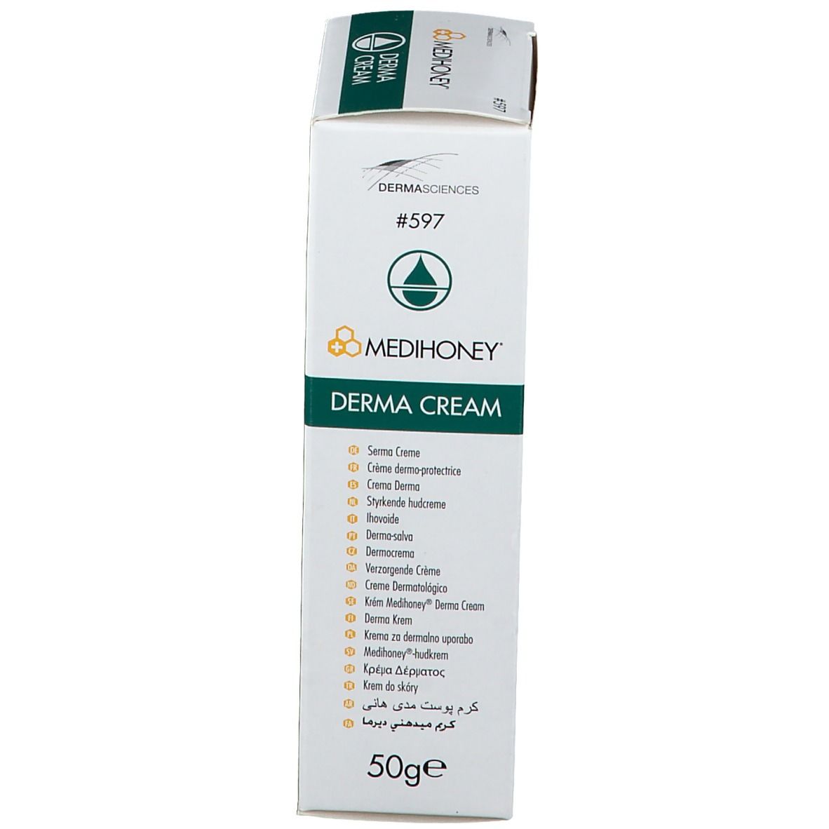 Boîte, blanche avec couvercle vert. Logo MEDIHONEY DERMA CREAM. Texte multilingue. 50g.