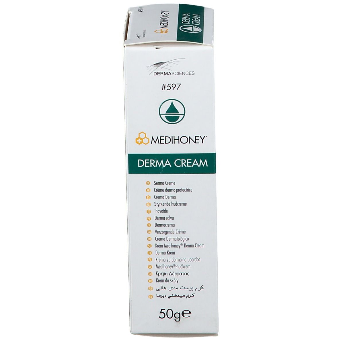 Boîte, blanche avec couvercle vert. Logo MEDIHONEY DERMA CREAM. Texte multilingue. 50g.