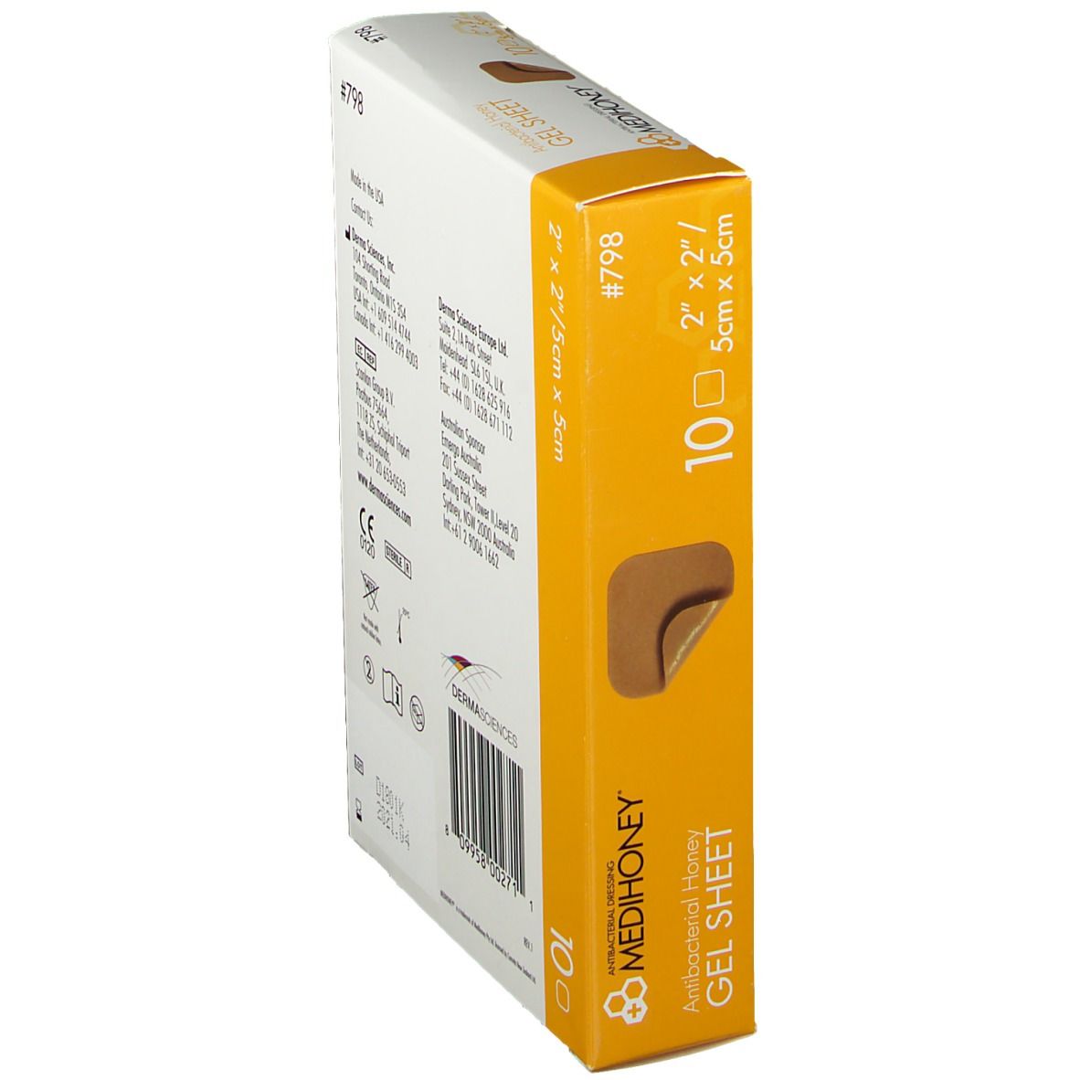 Boîte de pansements MEDIHONEY. 10 unités, 5 x 5 cm. Antibactérien. Vue latérale avec informations sur le produit.