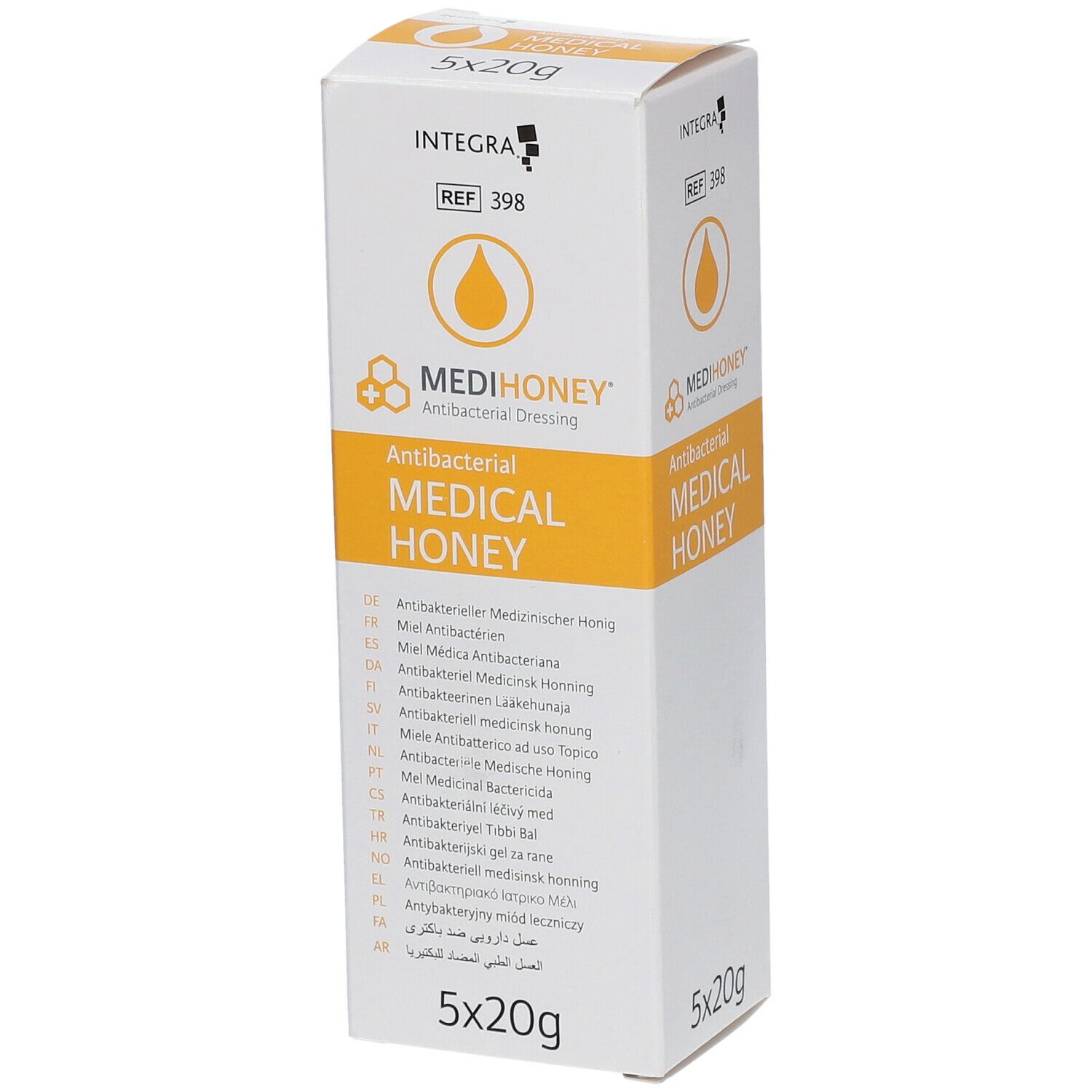 Verpakking van MEDIHONEY Medical Honey. Antibacterieel verband. 5x20g. Gele en witte verpakking.