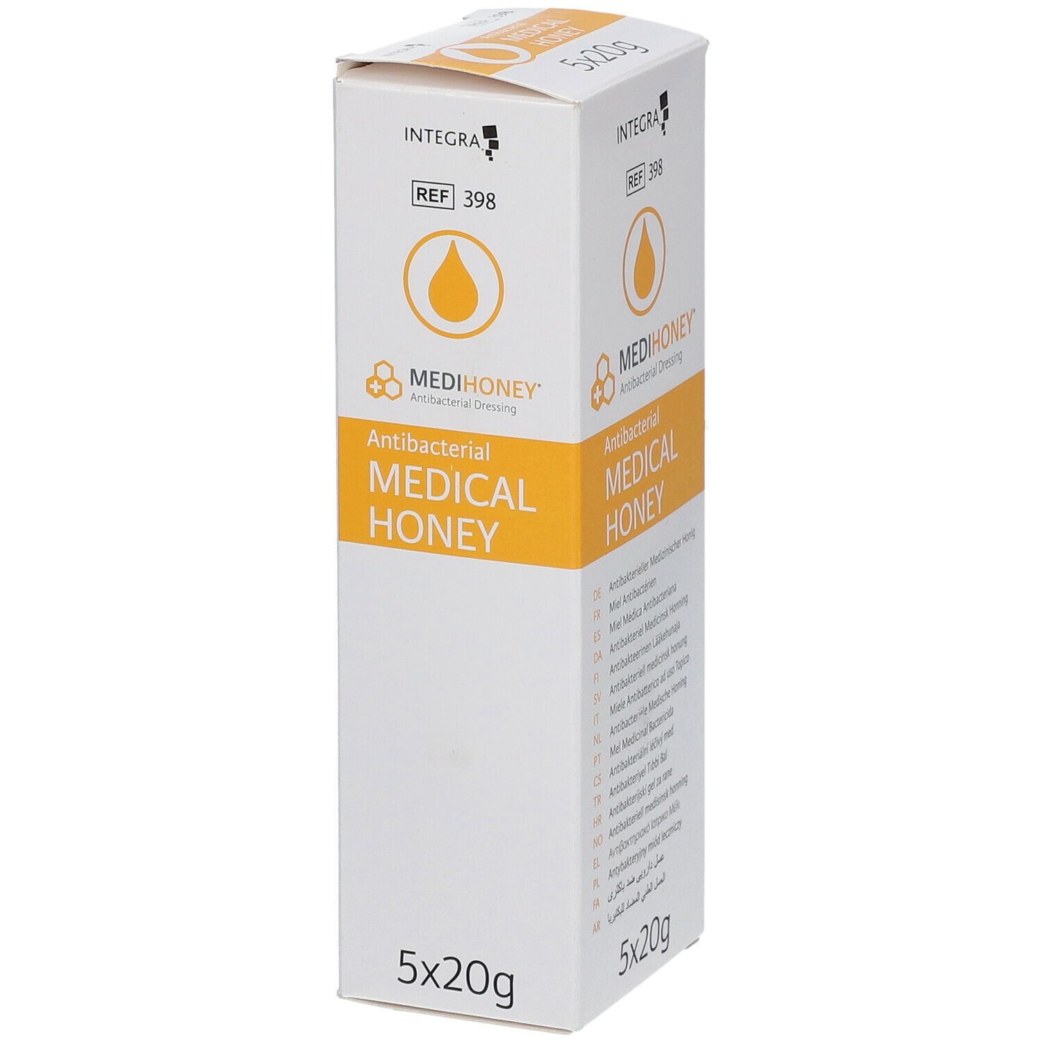 Verpakking van MEDIHONEY Medical Honey. Antibacterieel verband. 5x20g. Witte verpakking met gele accenten.