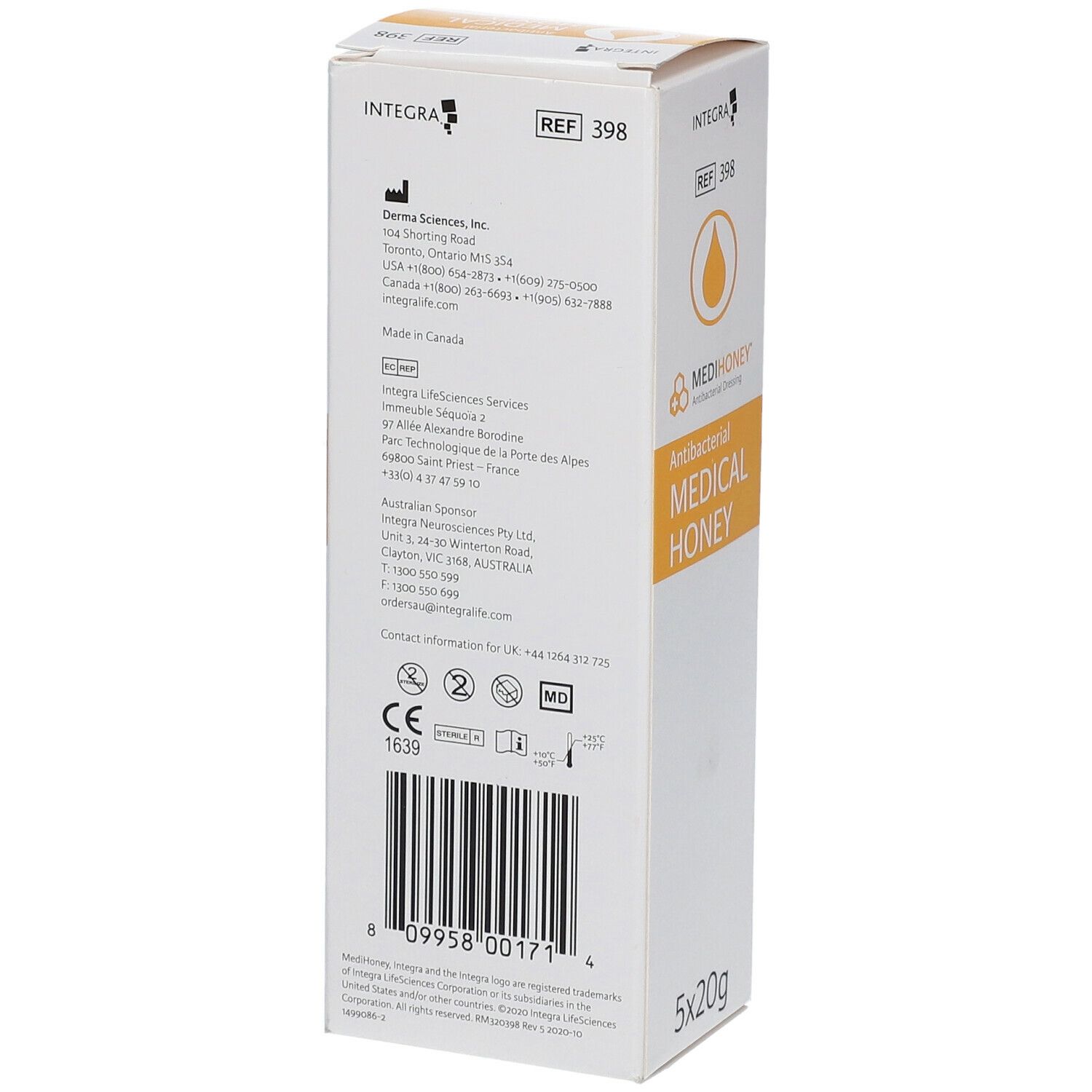 Achterkant van de MEDIHONEY verpakking. Fabrikant, ingrediënten en certificeringen. 5x20g.